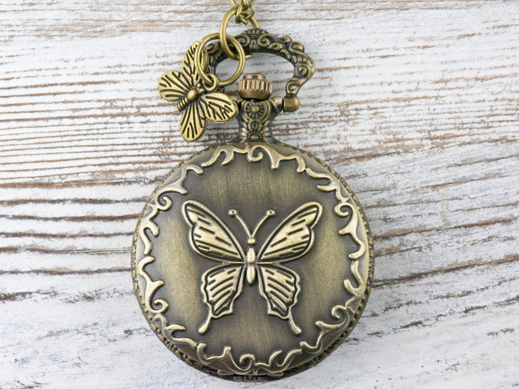 Butterfly Charm Bronze Pocket Watch Long Necklace / Unique Watches / Nature Inspired Jewelry / Large Pocket Watch