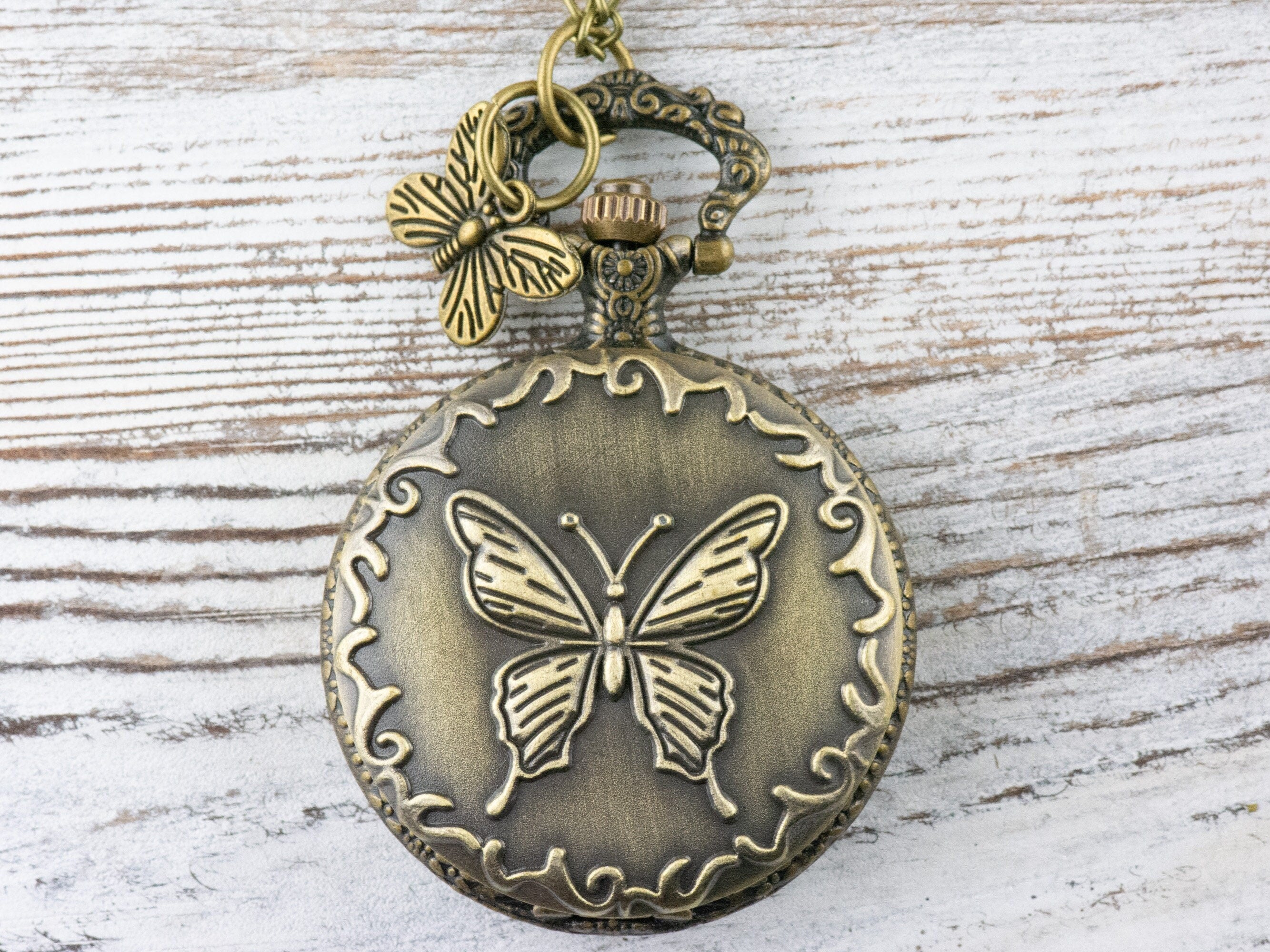 Butterfly Charm Bronze Pocket Watch Long Necklace / Unique Watches / Nature Inspired Jewelry / Large Pocket Watch