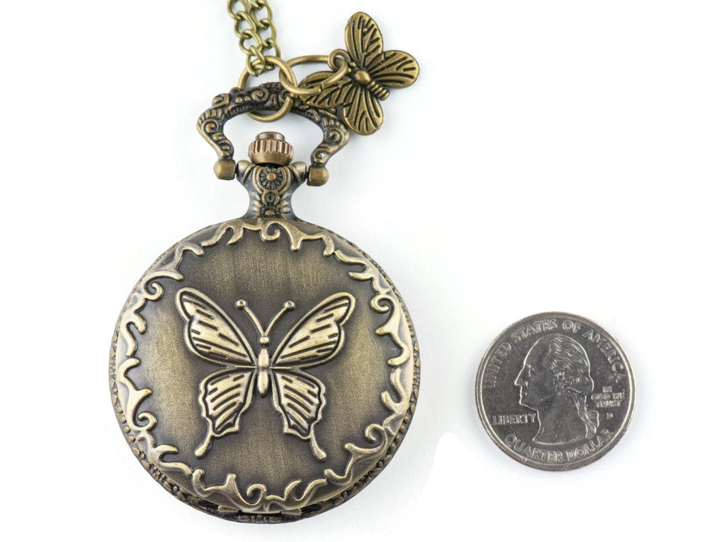 Butterfly Charm Bronze Pocket Watch Long Necklace / Unique Watches / Nature Inspired Jewelry / Large Pocket Watch