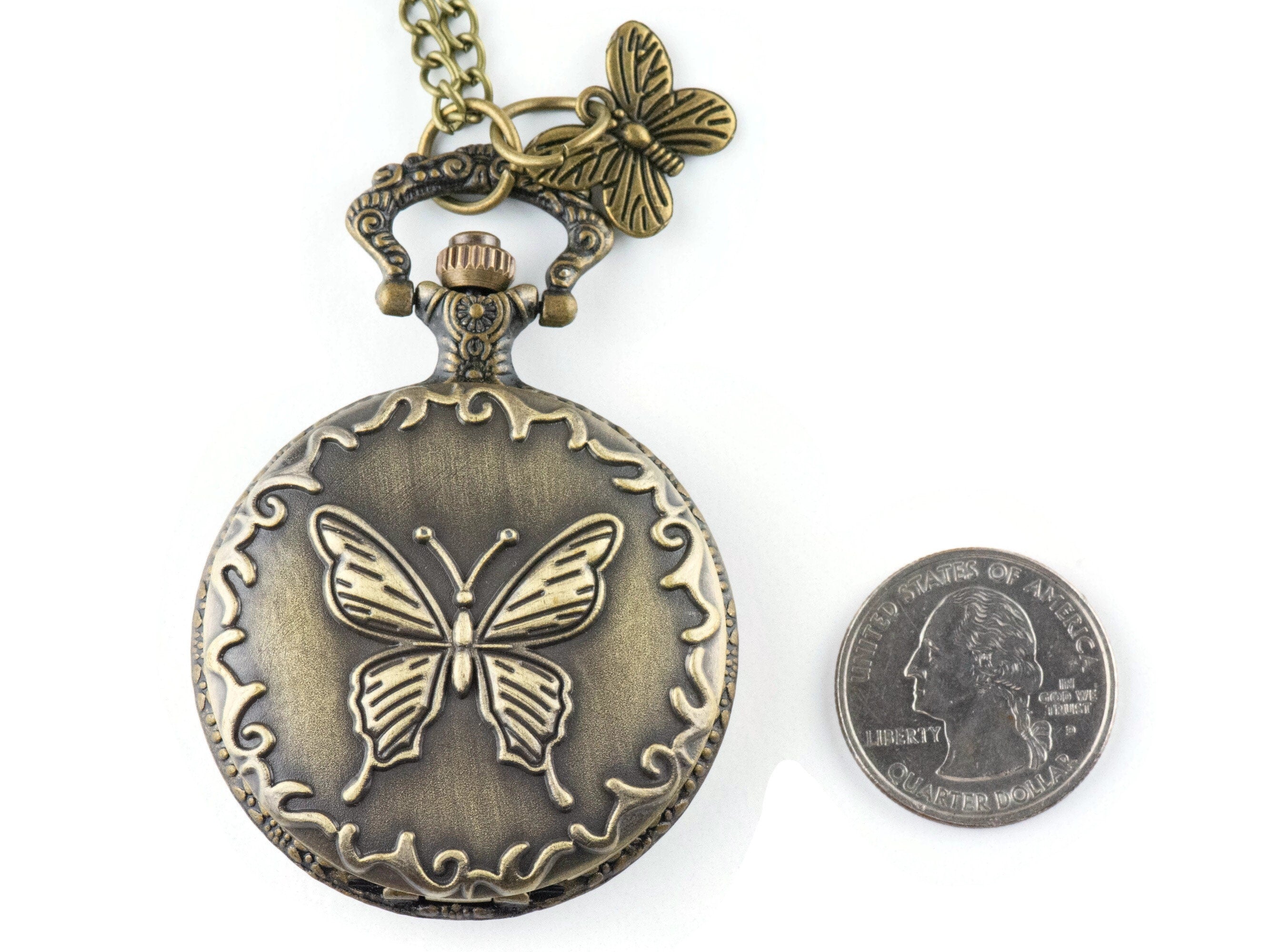 Butterfly Charm Bronze Pocket Watch Long Necklace / Unique Watches / Nature Inspired Jewelry / Large Pocket Watch
