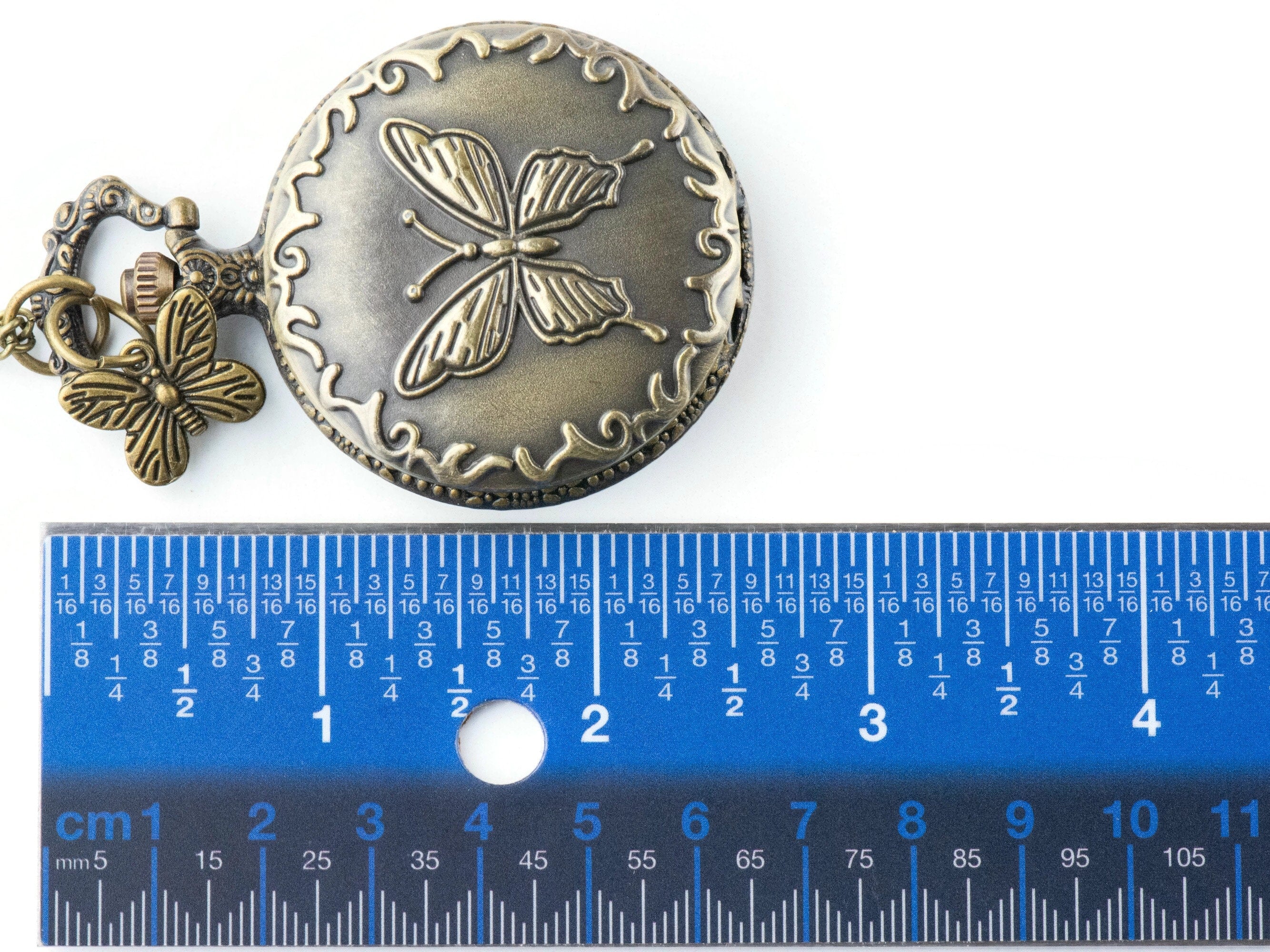 Butterfly Charm Bronze Pocket Watch Long Necklace / Unique Watches / Nature Inspired Jewelry / Large Pocket Watch