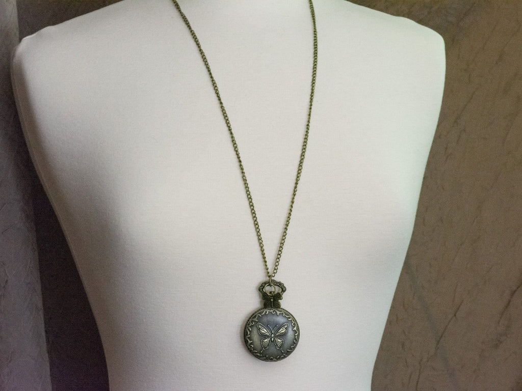Butterfly Charm Bronze Pocket Watch Long Necklace / Unique Watches / Nature Inspired Jewelry / Large Pocket Watch