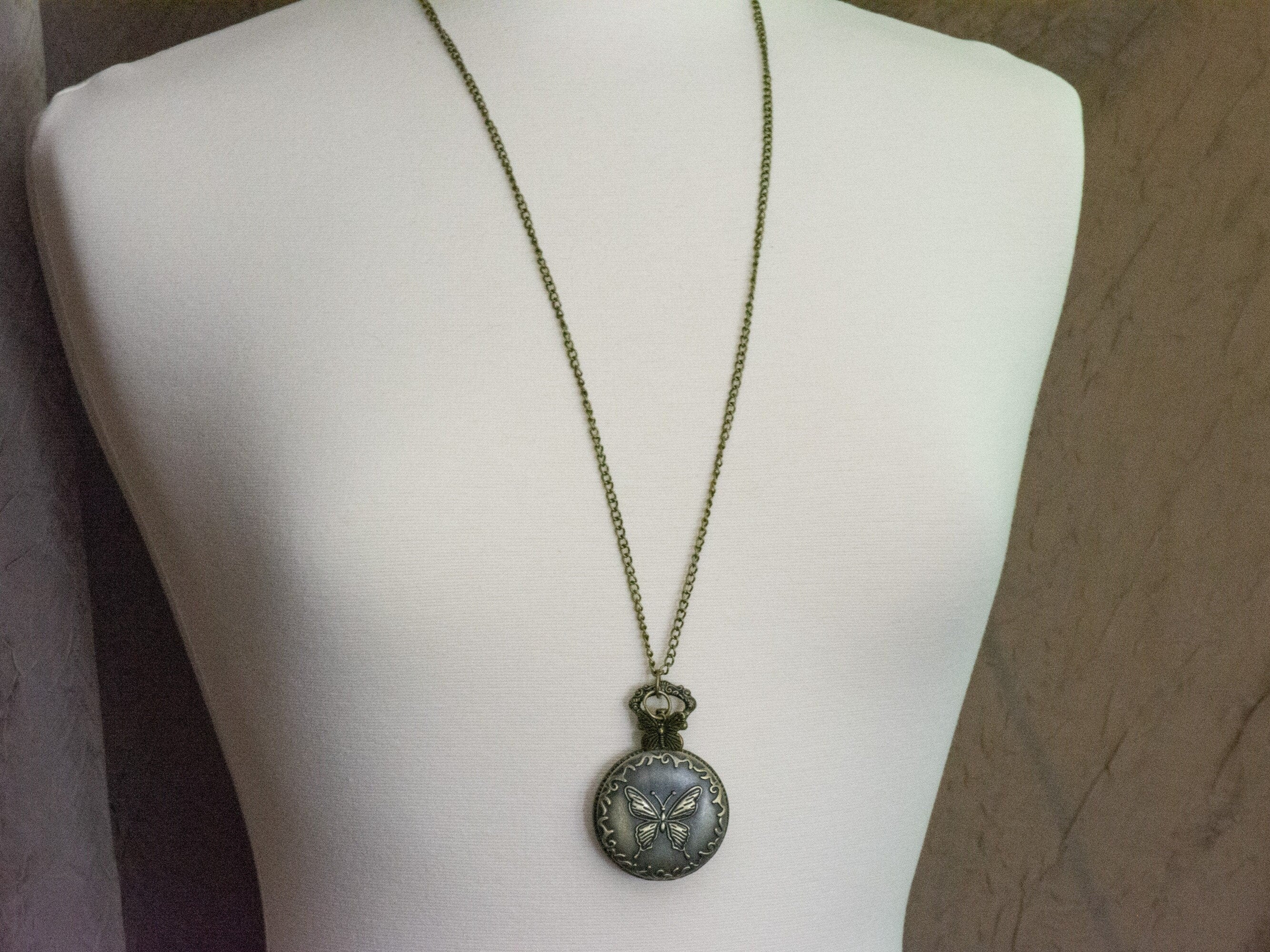 Butterfly Charm Bronze Pocket Watch Long Necklace / Unique Watches / Nature Inspired Jewelry / Large Pocket Watch