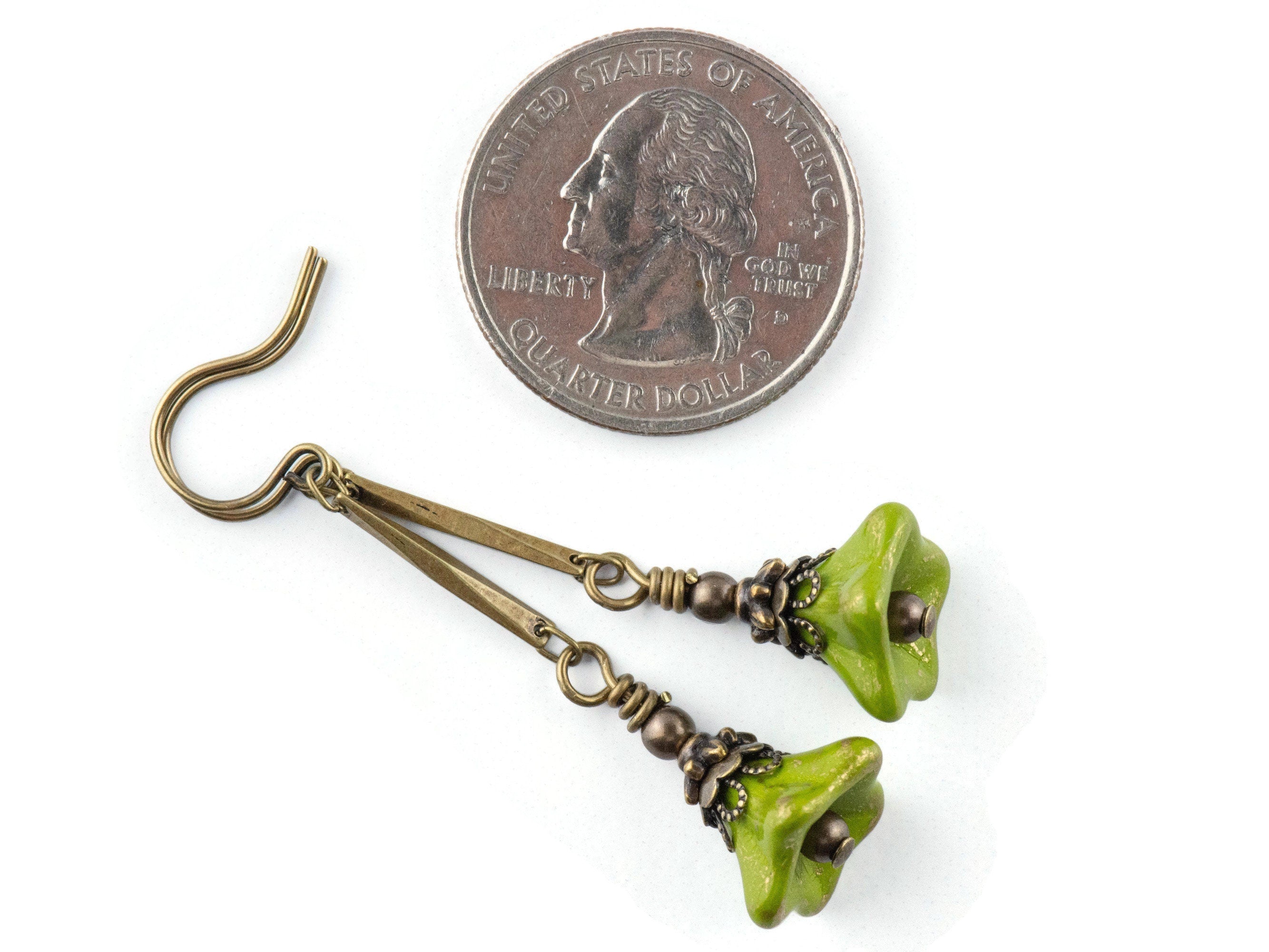 Green Floral Brass Earrings • Czech Glass Flowers • Handmade Earthy Nature Jewelry • Long Earrings
