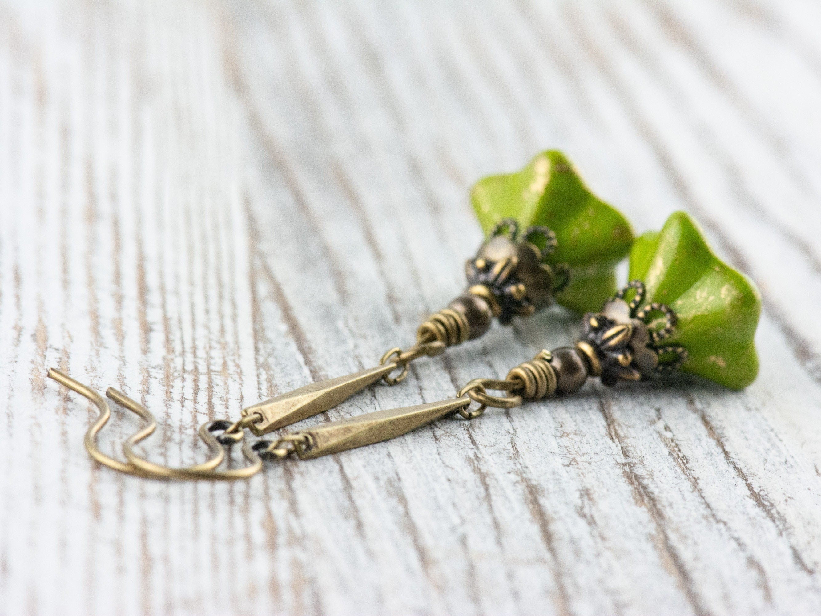 Green Floral Brass Earrings • Czech Glass Flowers • Handmade Earthy Nature Jewelry • Long Earrings