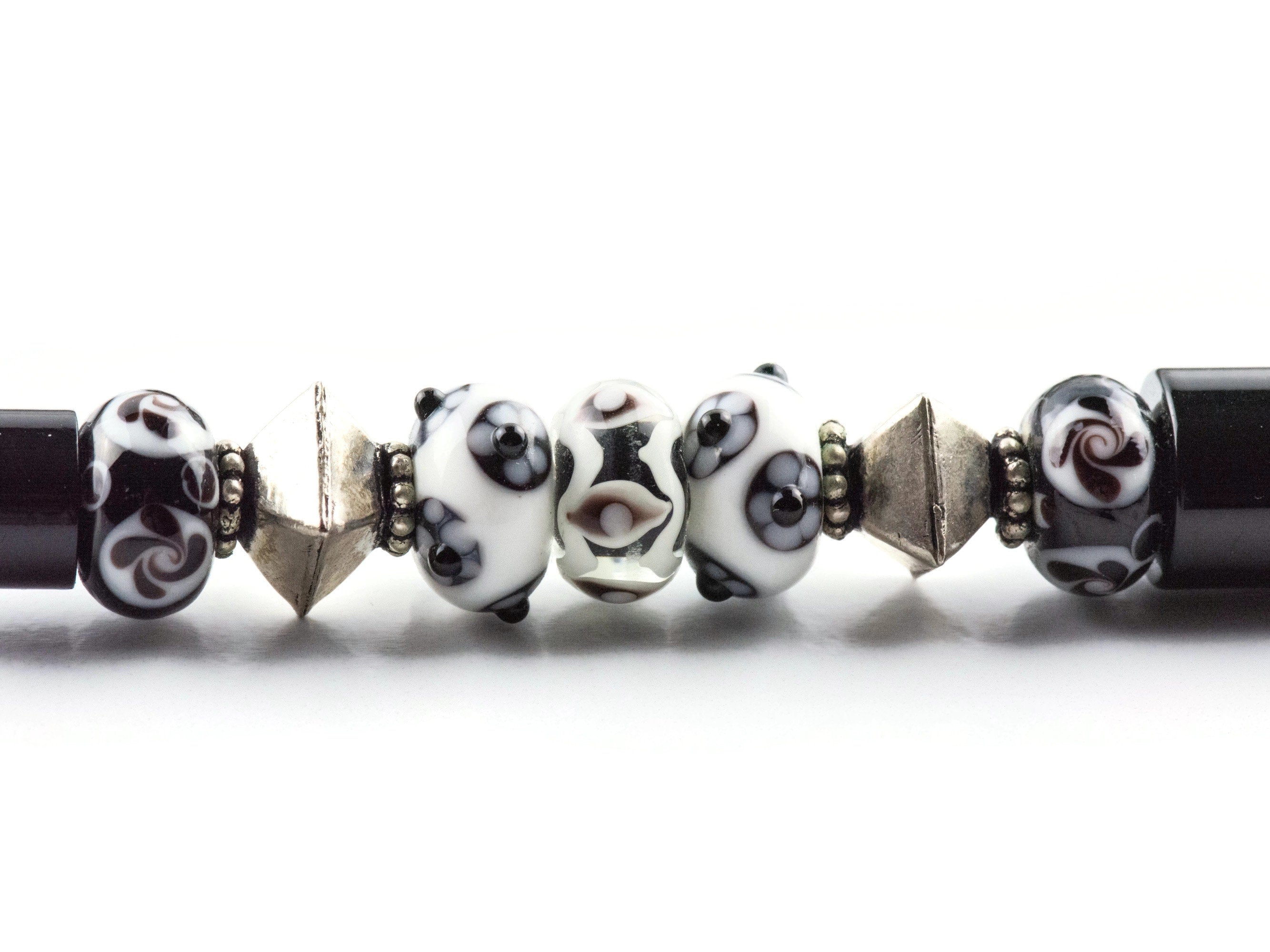 Black and White Beaded Metal Ballpoint Pen with Lampwork Glass Beads • Refillable