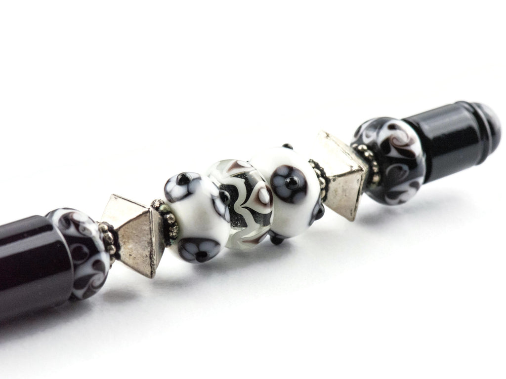 Black and White Beaded Metal Ballpoint Pen with Lampwork Glass Beads • Refillable