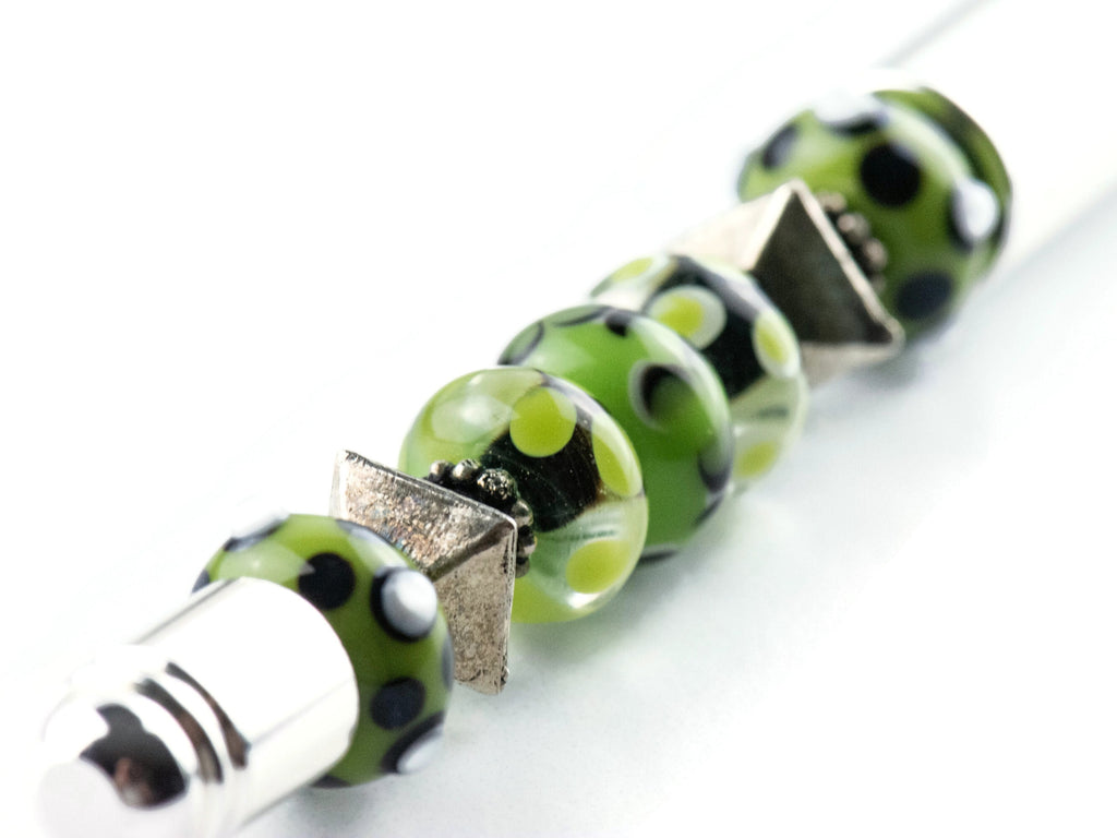 Green and Silver Beaded Metal Ballpoint Pen with Lampwork Glass Beads • Refillable