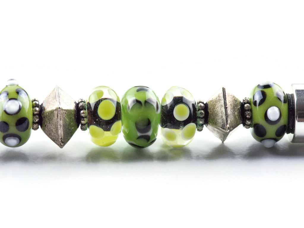 Green and Silver Beaded Metal Ballpoint Pen with Lampwork Glass Beads • Refillable