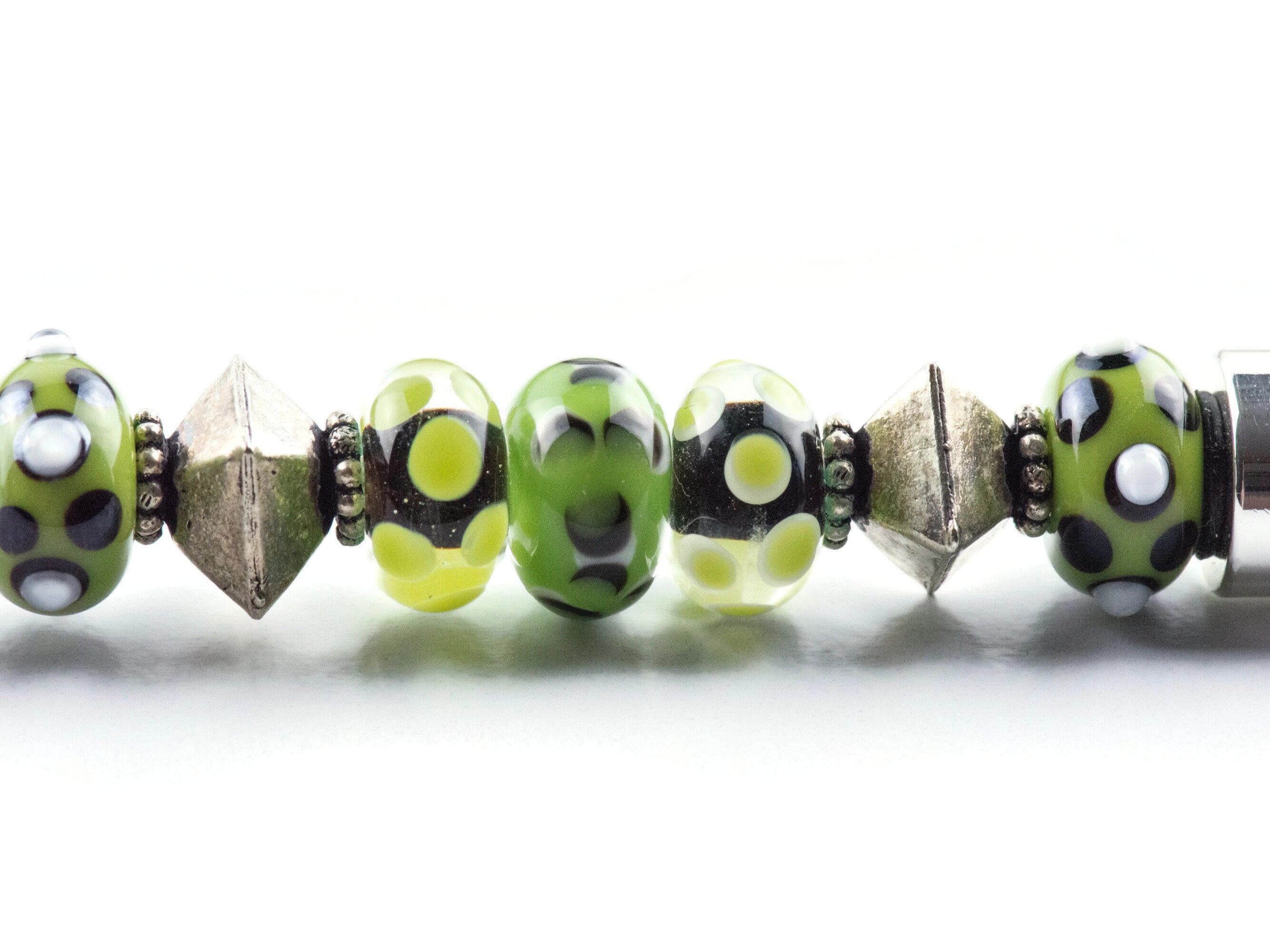 Green and Silver Beaded Metal Ballpoint Pen with Lampwork Glass Beads • Refillable