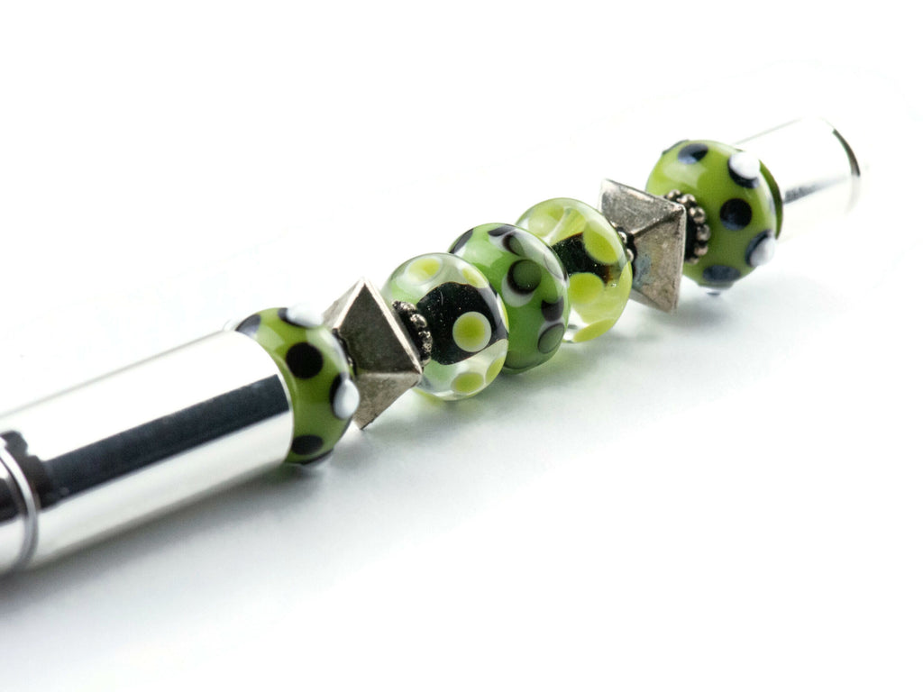 Green and Silver Beaded Metal Ballpoint Pen with Lampwork Glass Beads • Refillable