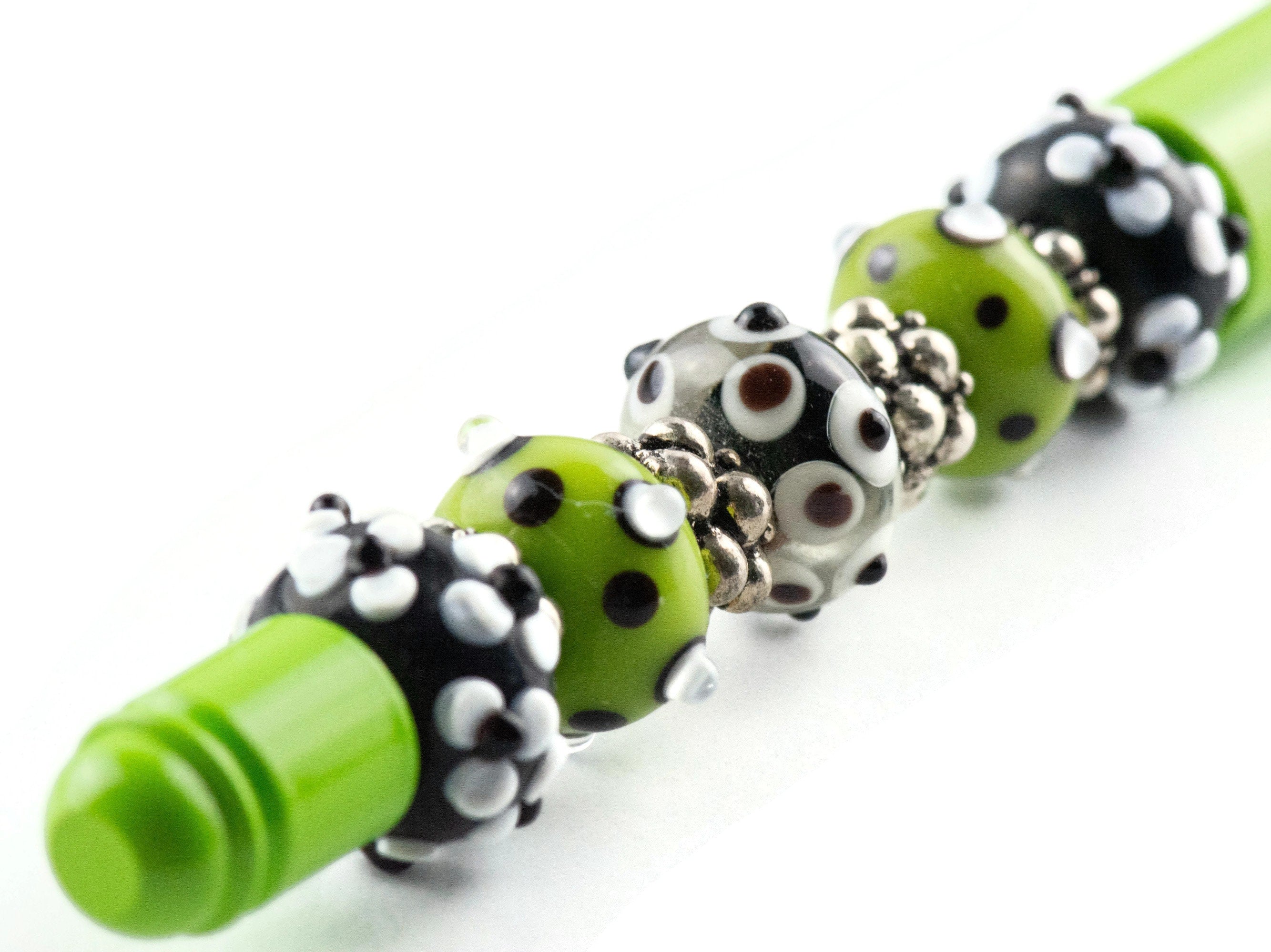 Lime Green Beaded Metal Ballpoint Pen with Lampwork Glass Beads