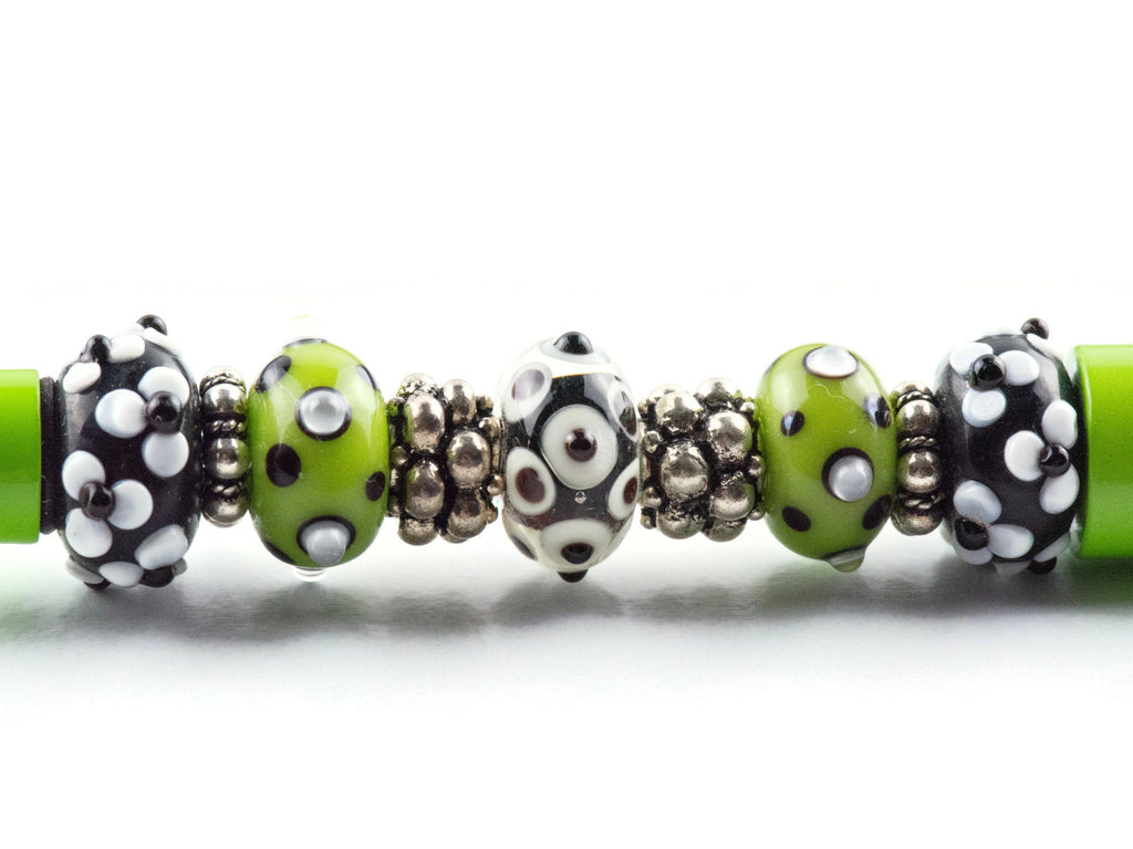 Lime Green Beaded Metal Ballpoint Pen with Lampwork Glass Beads