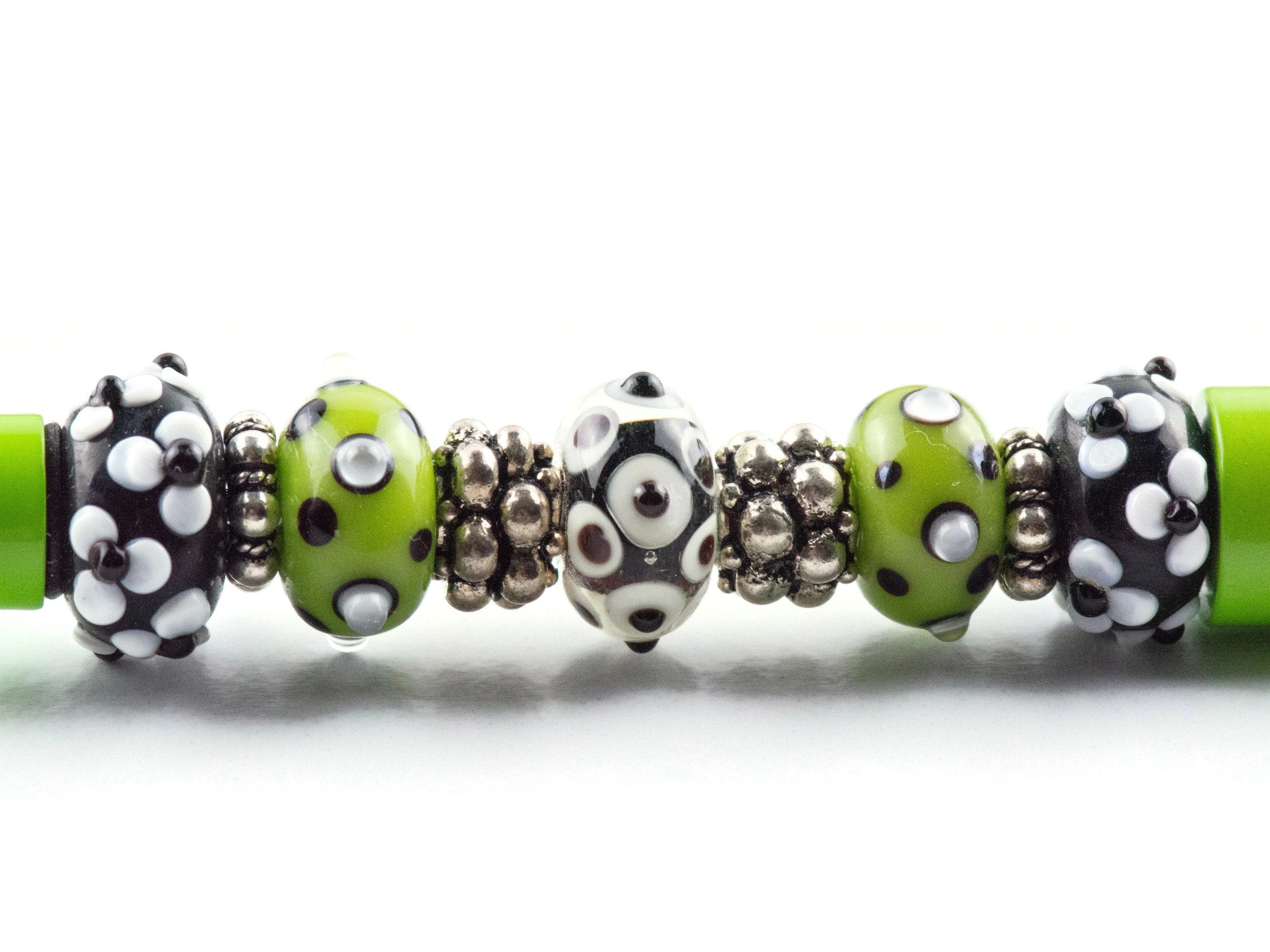 Lime Green Beaded Metal Ballpoint Pen with Lampwork Glass Beads