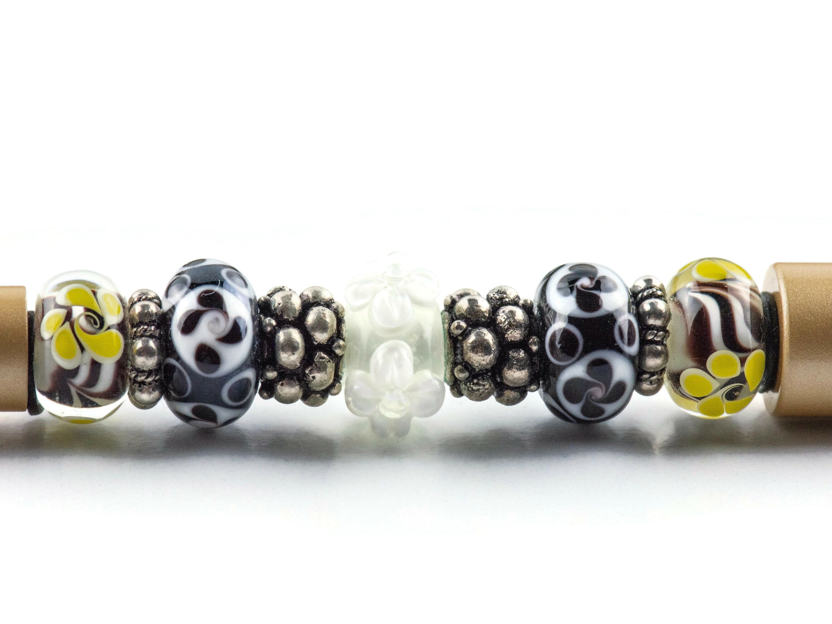 Black and Gold Beaded Metal Ballpoint Pen with Lampwork Glass Beads • Refillable
