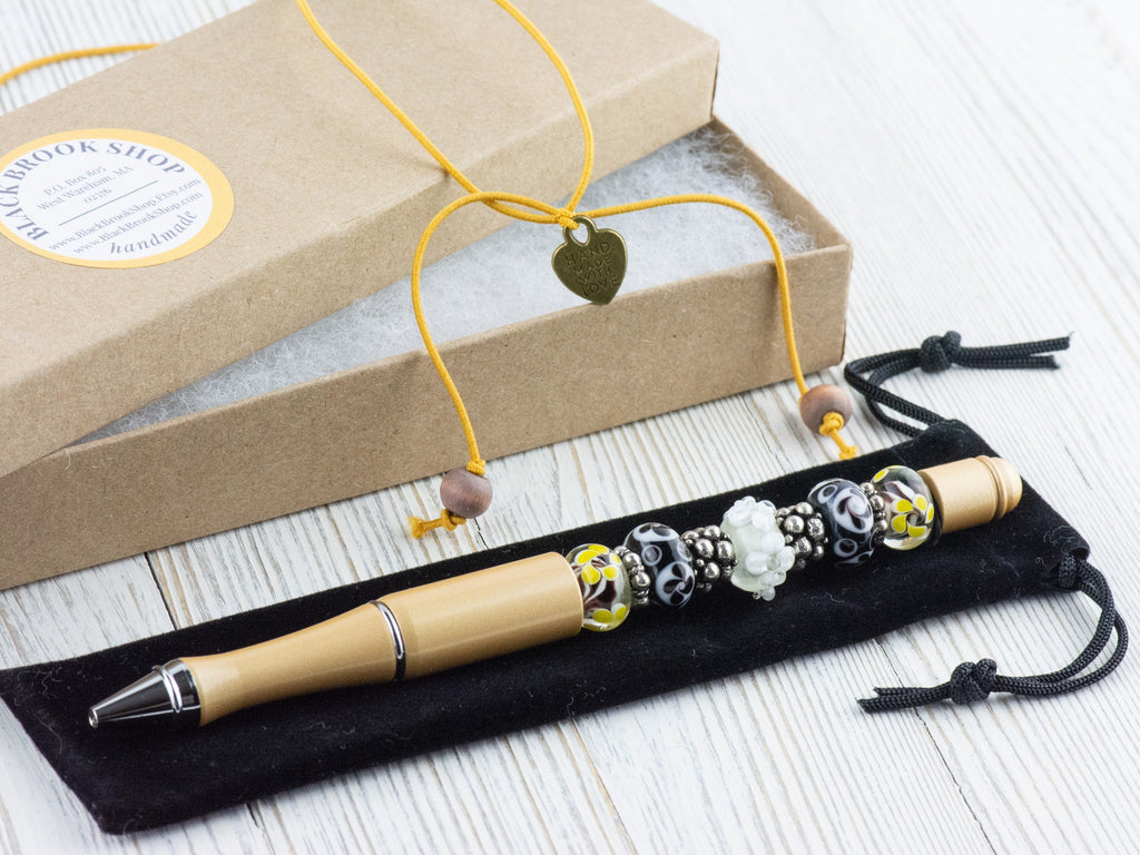 Black and Gold Beaded Metal Ballpoint Pen with Lampwork Glass Beads • Refillable