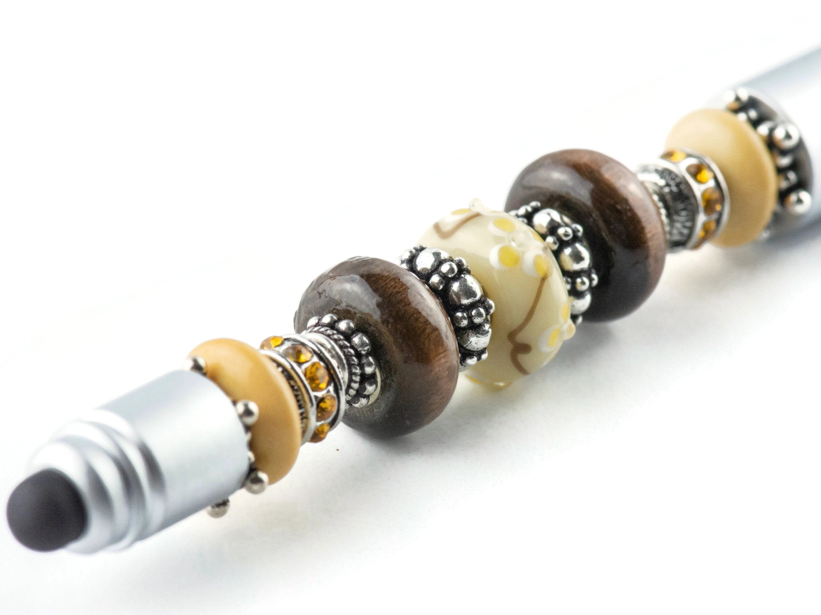 Walk Thru the Woods Beaded Silver Stylus Pen • Lampwork Glass Beads • Metal Ballpoint