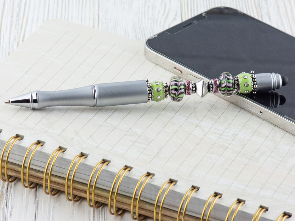 Lime and Pink Lemonade Beaded Silver Stylus Pen • Lampwork Glass Beads • Metal Ballpoint