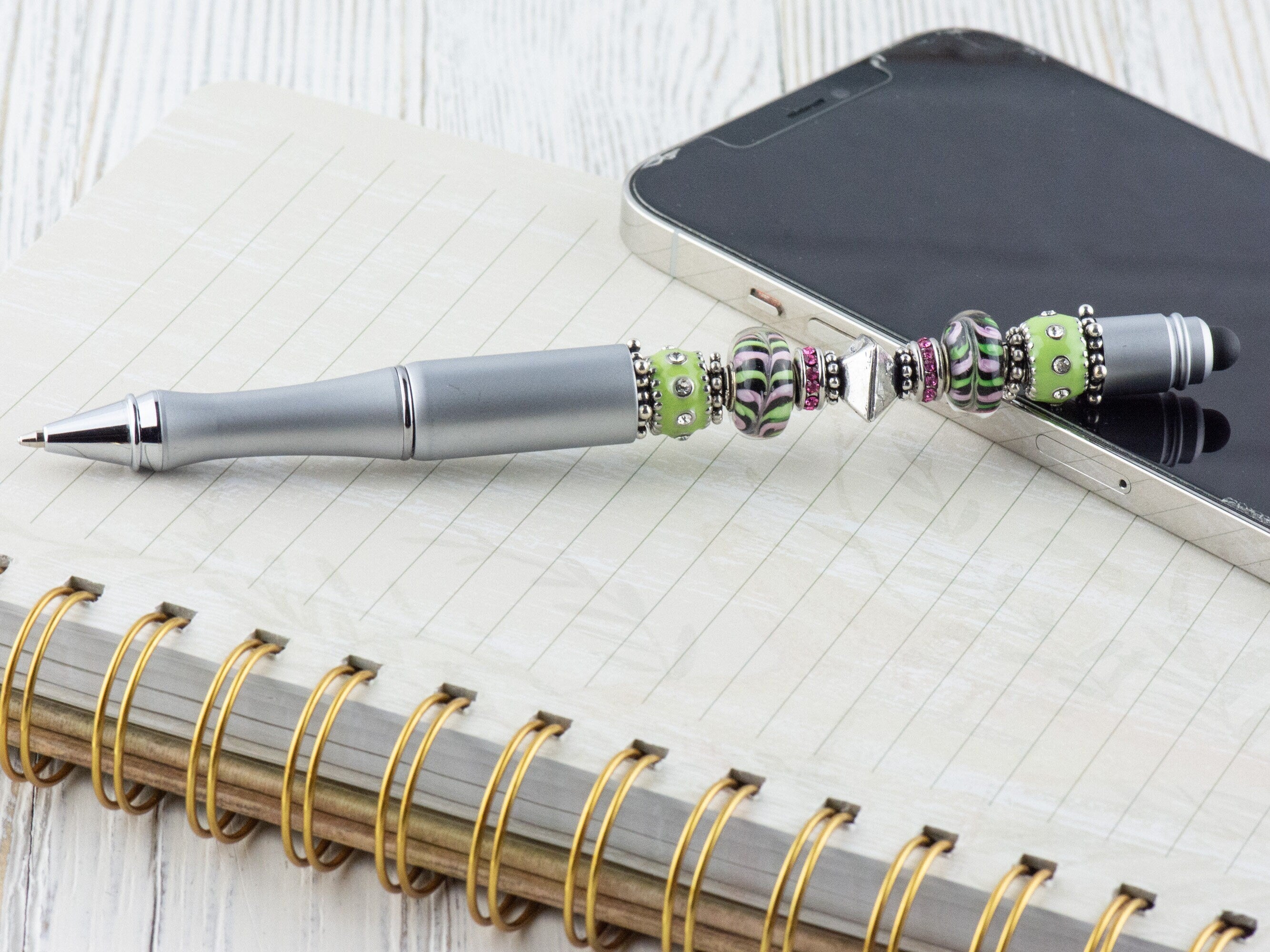 Lime and Pink Lemonade Beaded Silver Stylus Pen • Lampwork Glass Beads • Metal Ballpoint