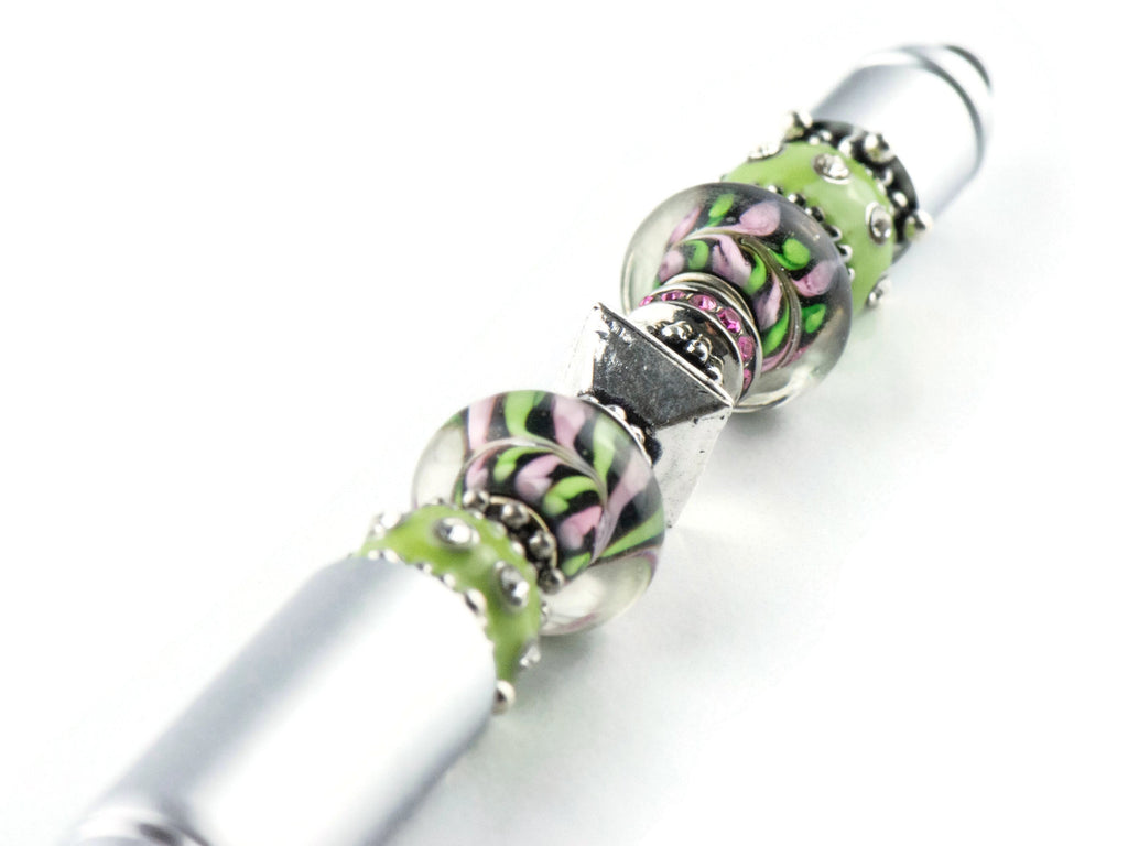 Lime and Pink Lemonade Beaded Silver Stylus Pen • Lampwork Glass Beads • Metal Ballpoint