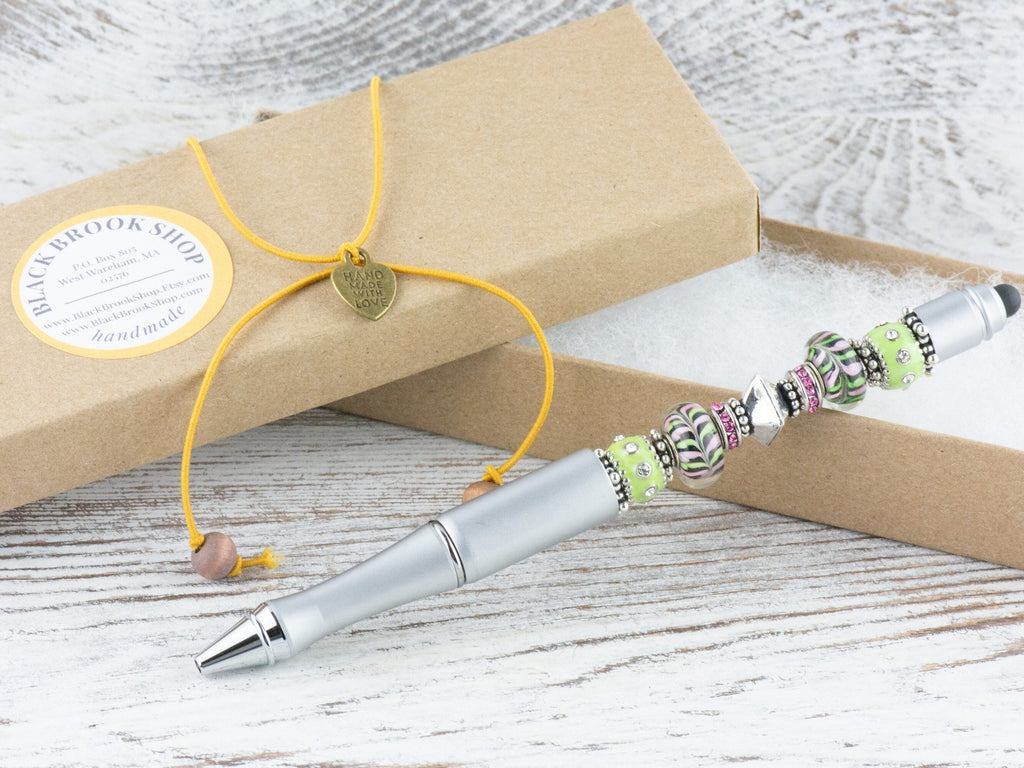 Lime and Pink Lemonade Beaded Silver Stylus Pen • Lampwork Glass Beads • Metal Ballpoint