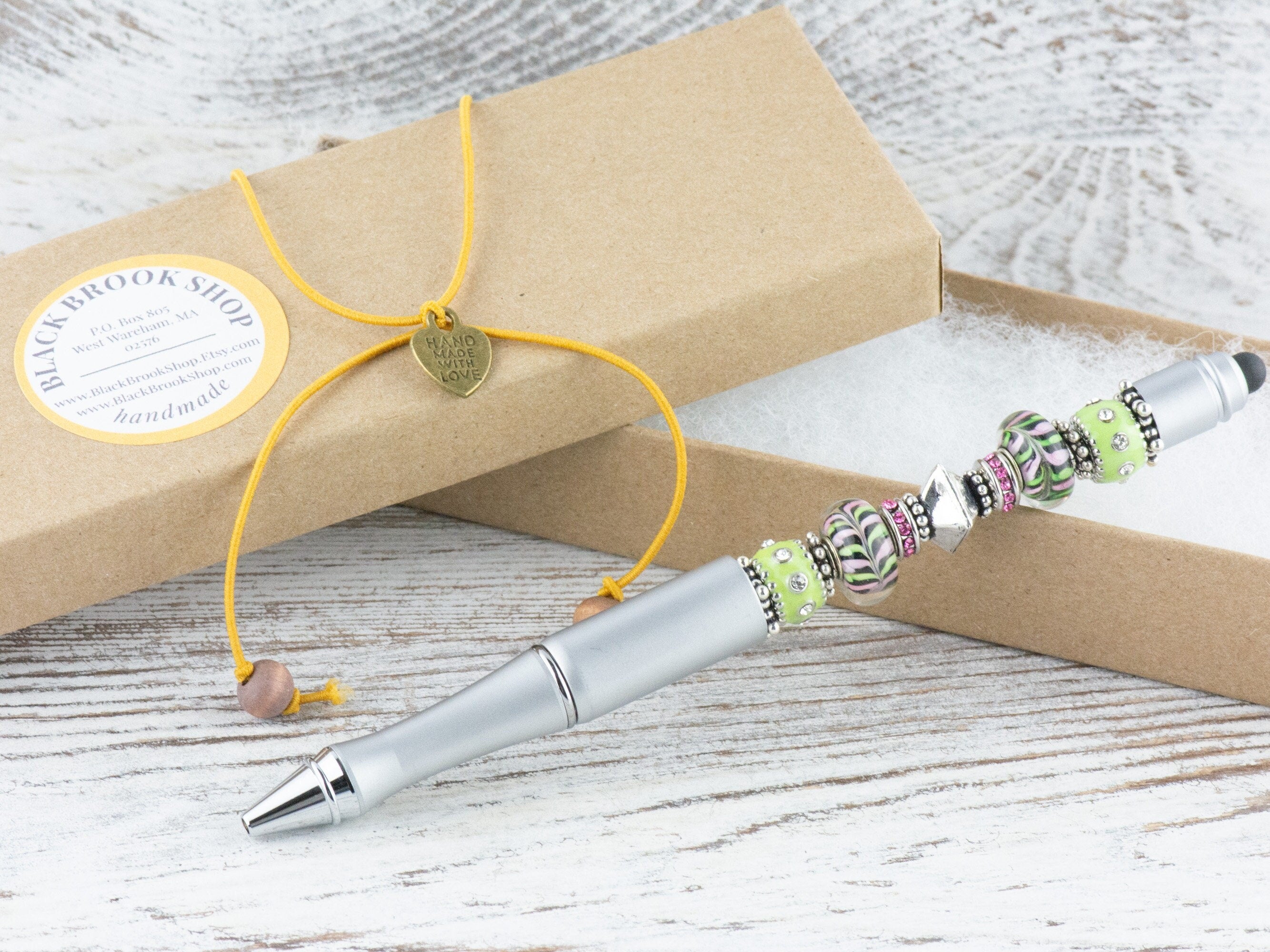 Lime and Pink Lemonade Beaded Silver Stylus Pen • Lampwork Glass Beads • Metal Ballpoint