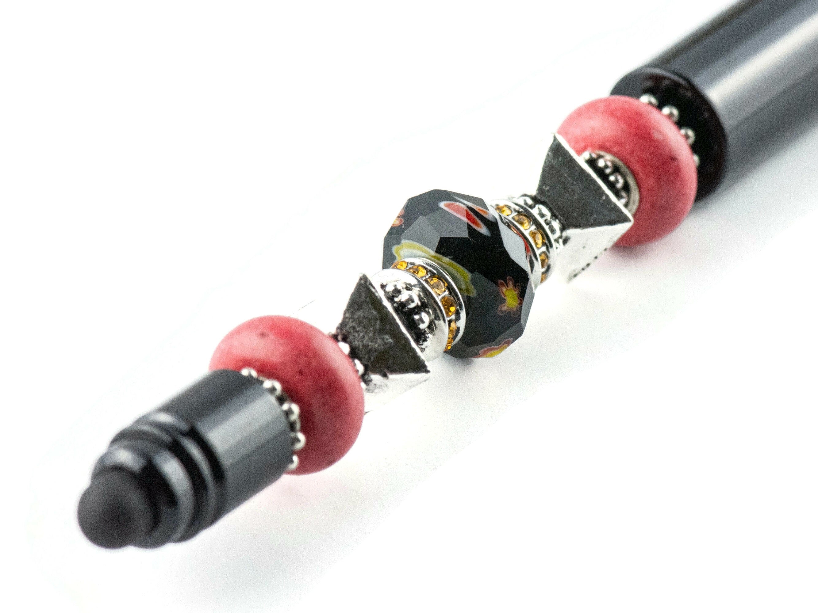 Midnight Rose Beaded Black Stylus Pen • Lampwork Glass Beads • Metal Ballpoint