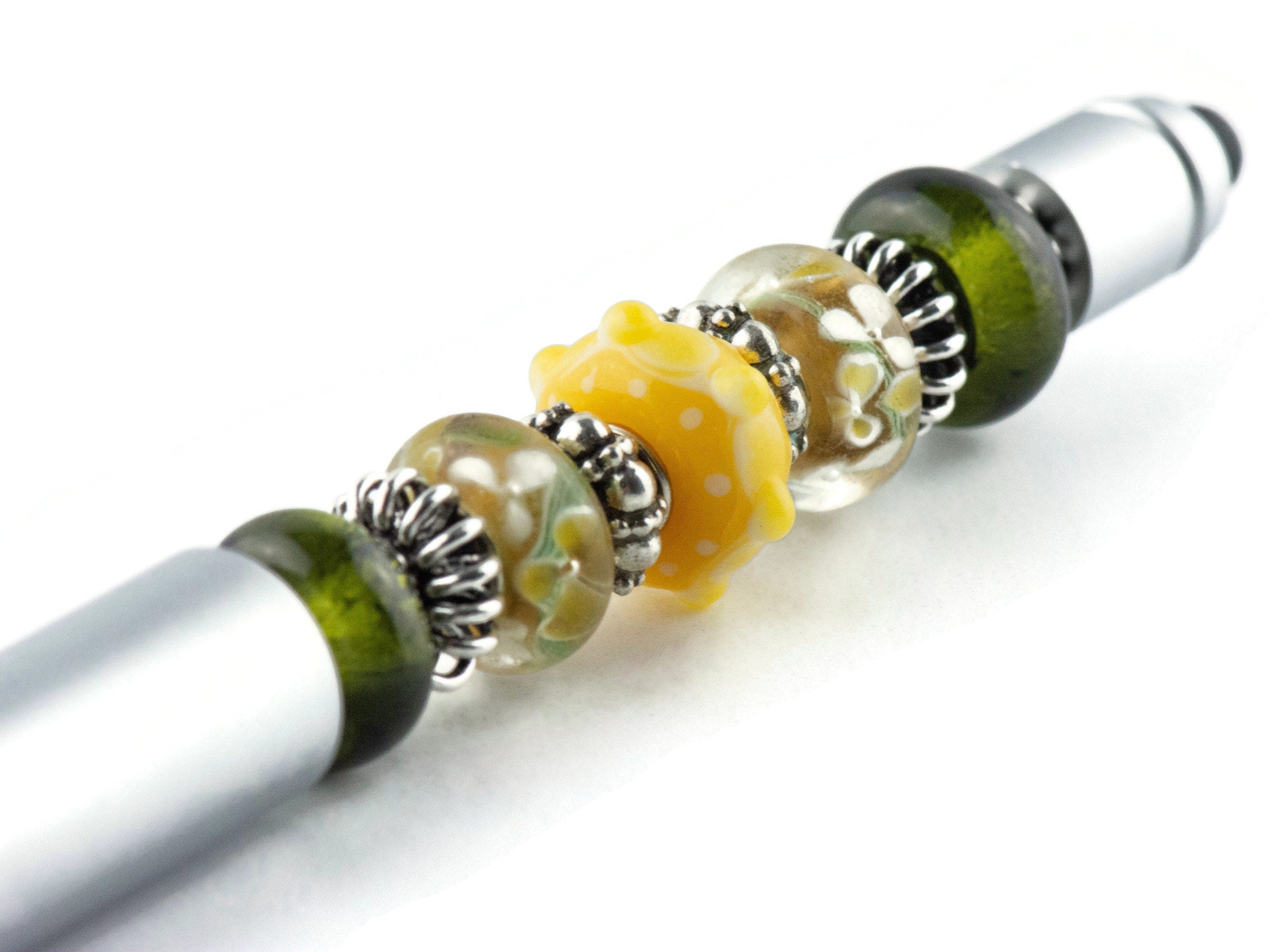 Spring in the City Beaded Silver Stylus Pen • Lampwork Glass Beads • Metal Ballpoint