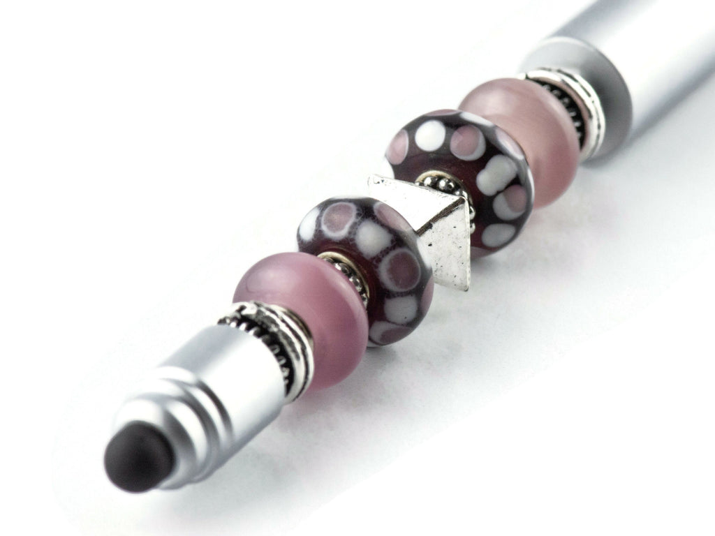 Lilac Love Beaded Silver Stylus Pen • Lampwork Glass Beads • Metal Ballpoint
