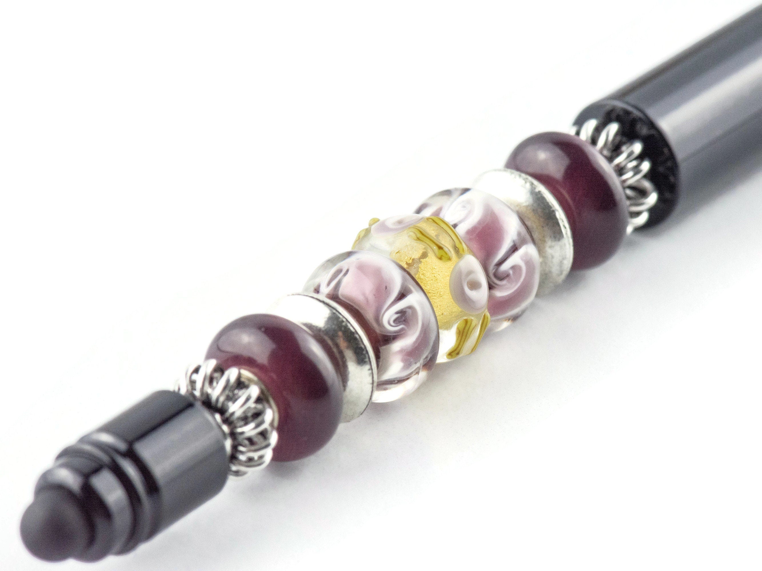 After the Rain Beaded Black Stylus Pen • Lampwork Glass Beads • Metal Ballpoint