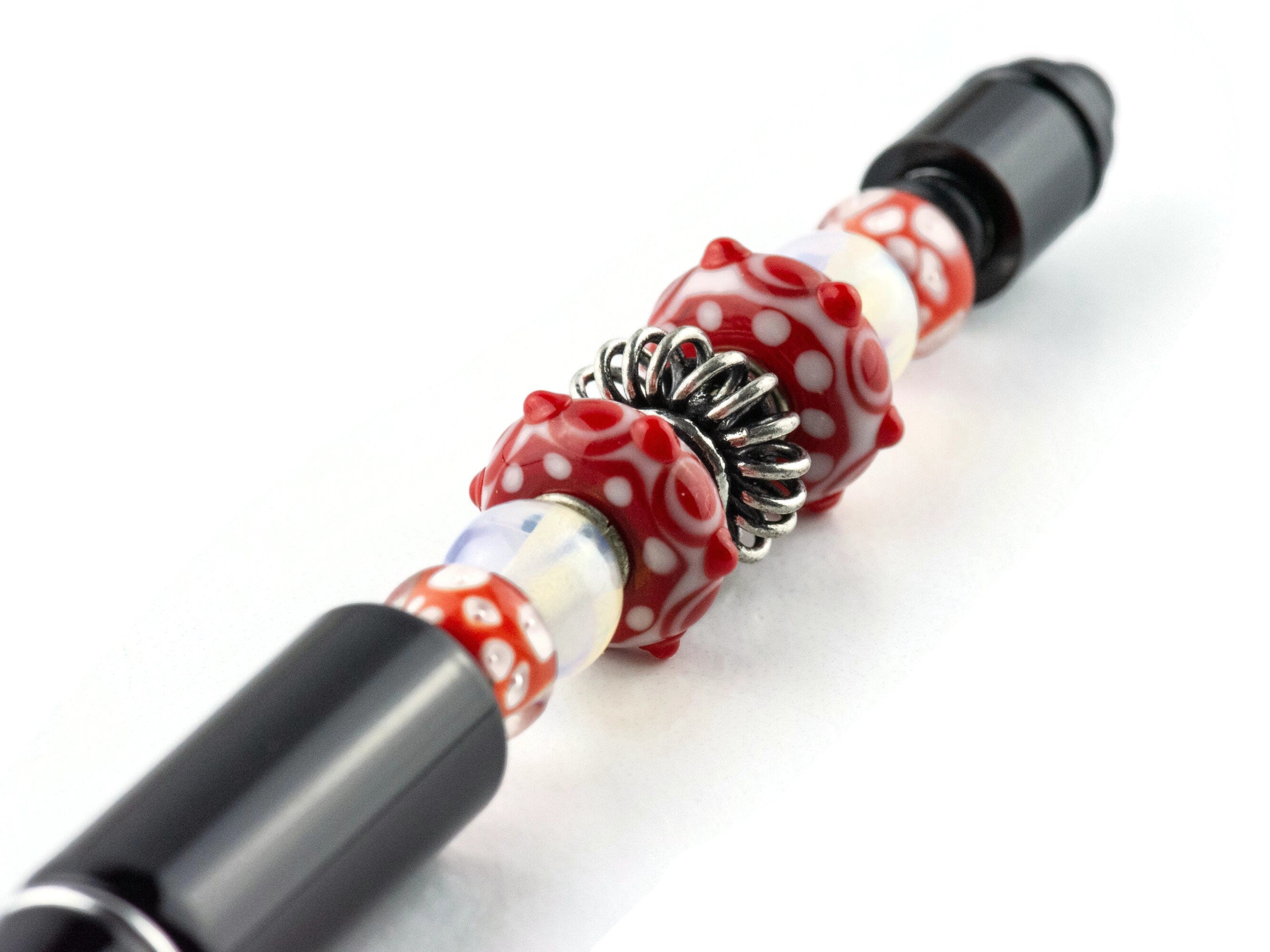 Picnic in the Park Beaded Black Stylus Pen • Lampwork Glass Beads • Metal Ballpoint