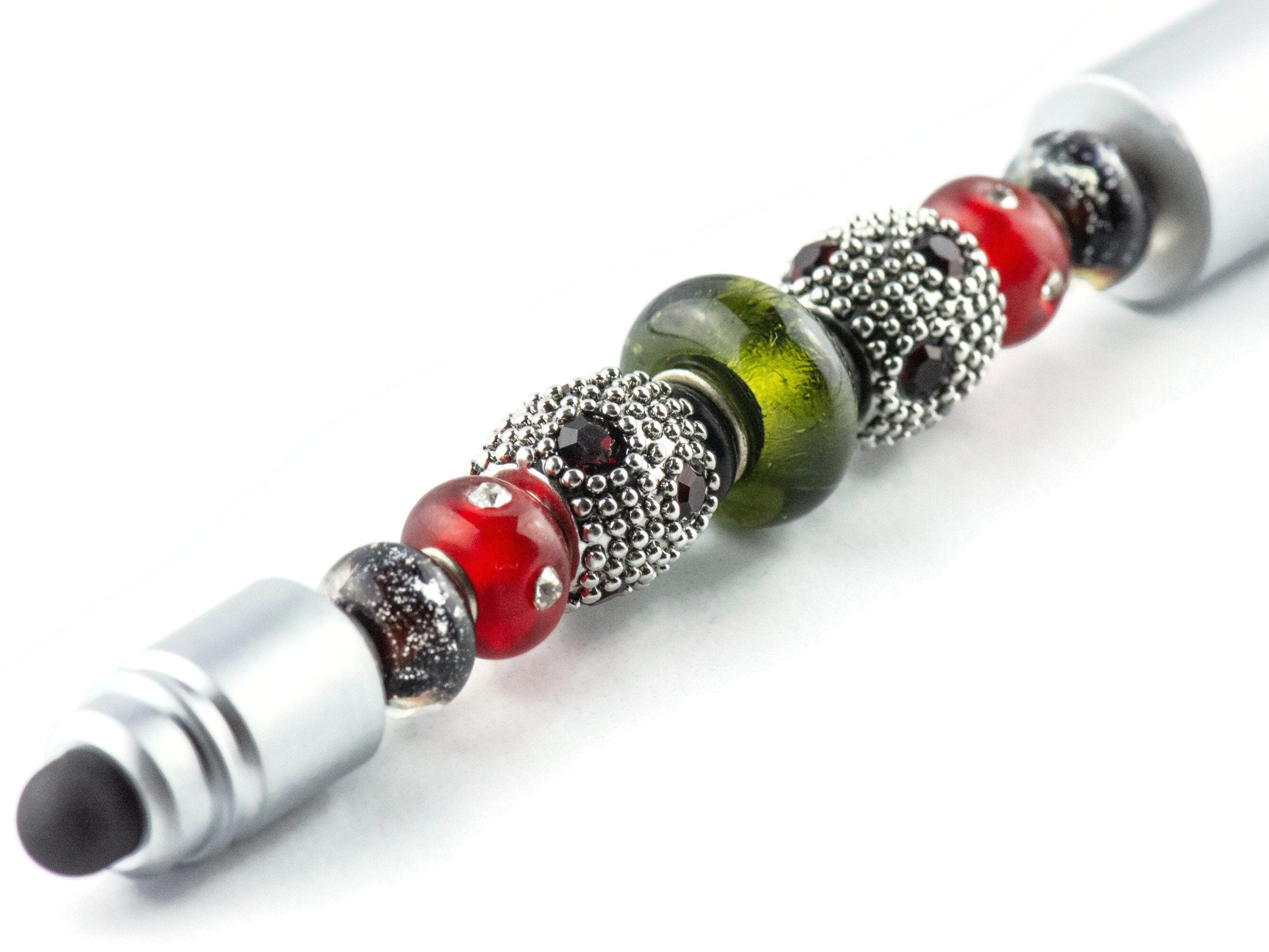 Vintage Christmas Beaded Silver Stylus Pen • Lampwork Glass Beads • Metal Ballpoint