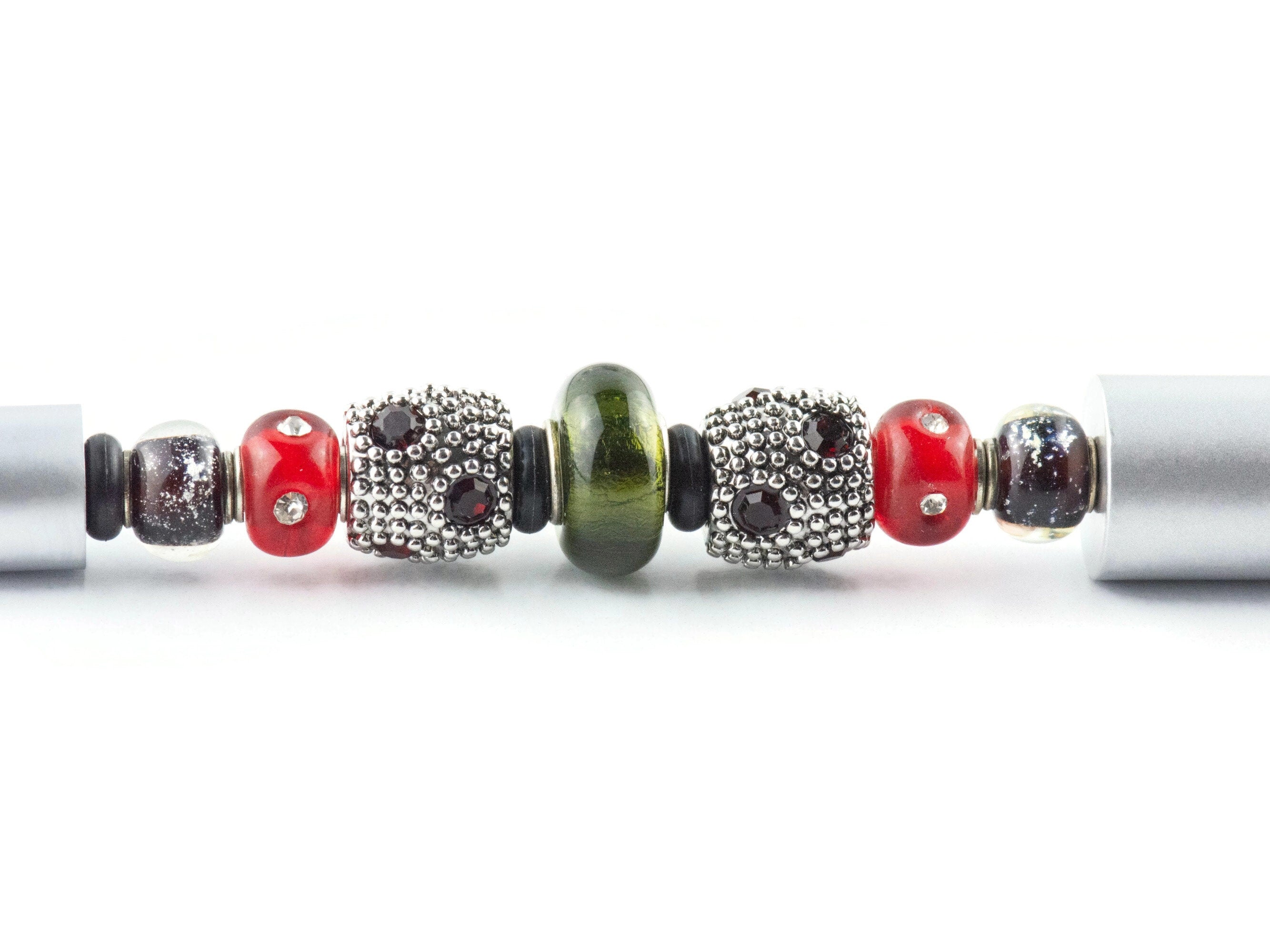Vintage Christmas Beaded Silver Stylus Pen • Lampwork Glass Beads • Metal Ballpoint