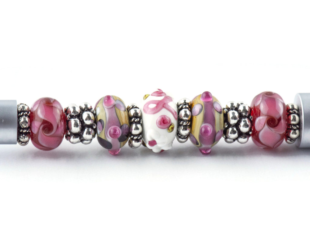 Pink Ribbon Breast Cancer Awareness Beaded Silver Stylus Pen • Lampwork Glass Beads • Metal Ballpoint