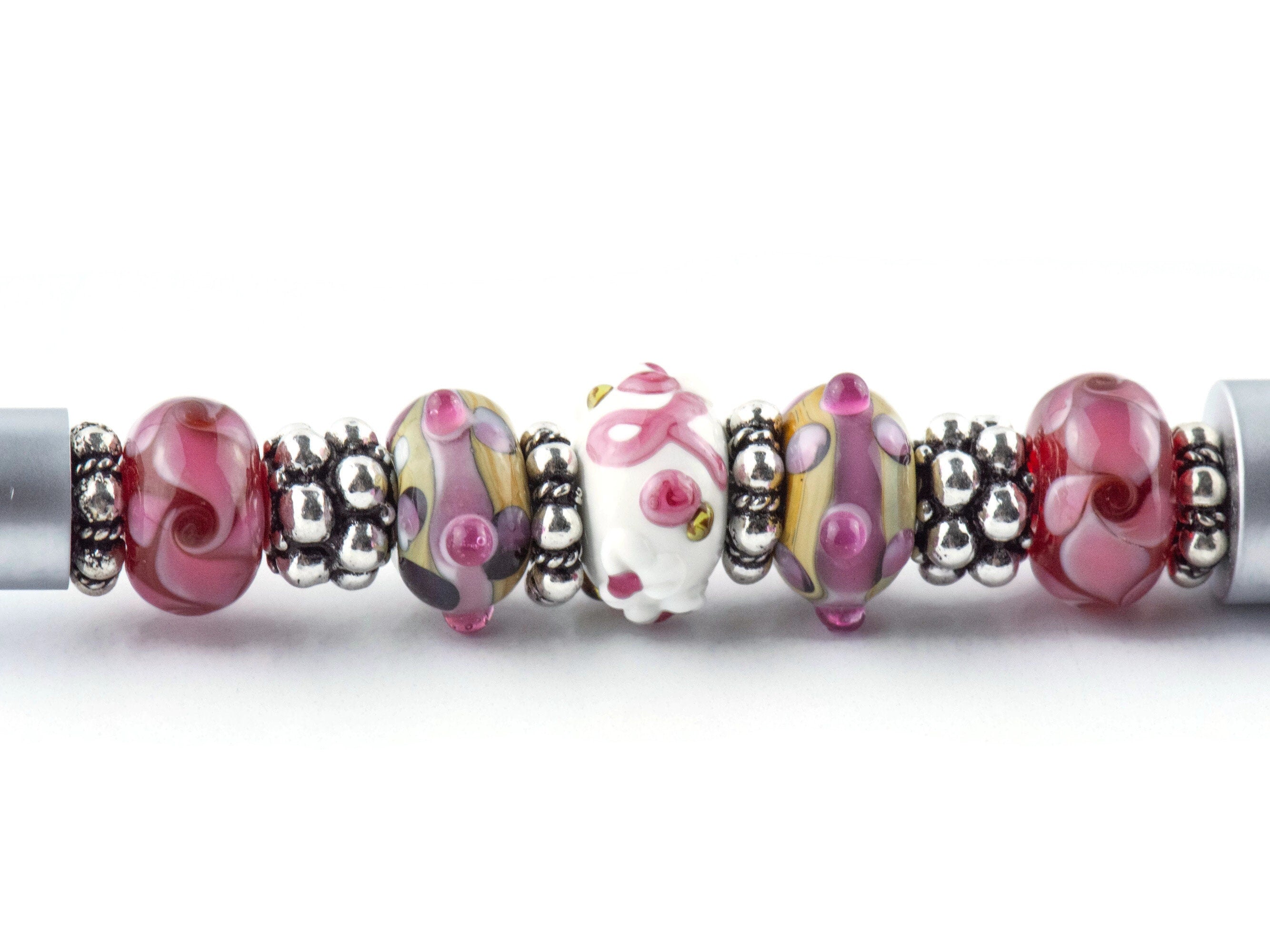 Pink Ribbon Breast Cancer Awareness Beaded Silver Stylus Pen • Lampwork Glass Beads • Metal Ballpoint