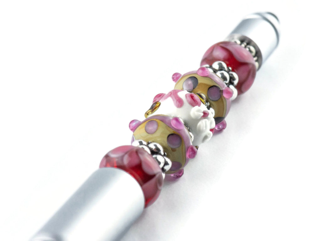 Pink Ribbon Breast Cancer Awareness Beaded Silver Stylus Pen • Lampwork Glass Beads • Metal Ballpoint