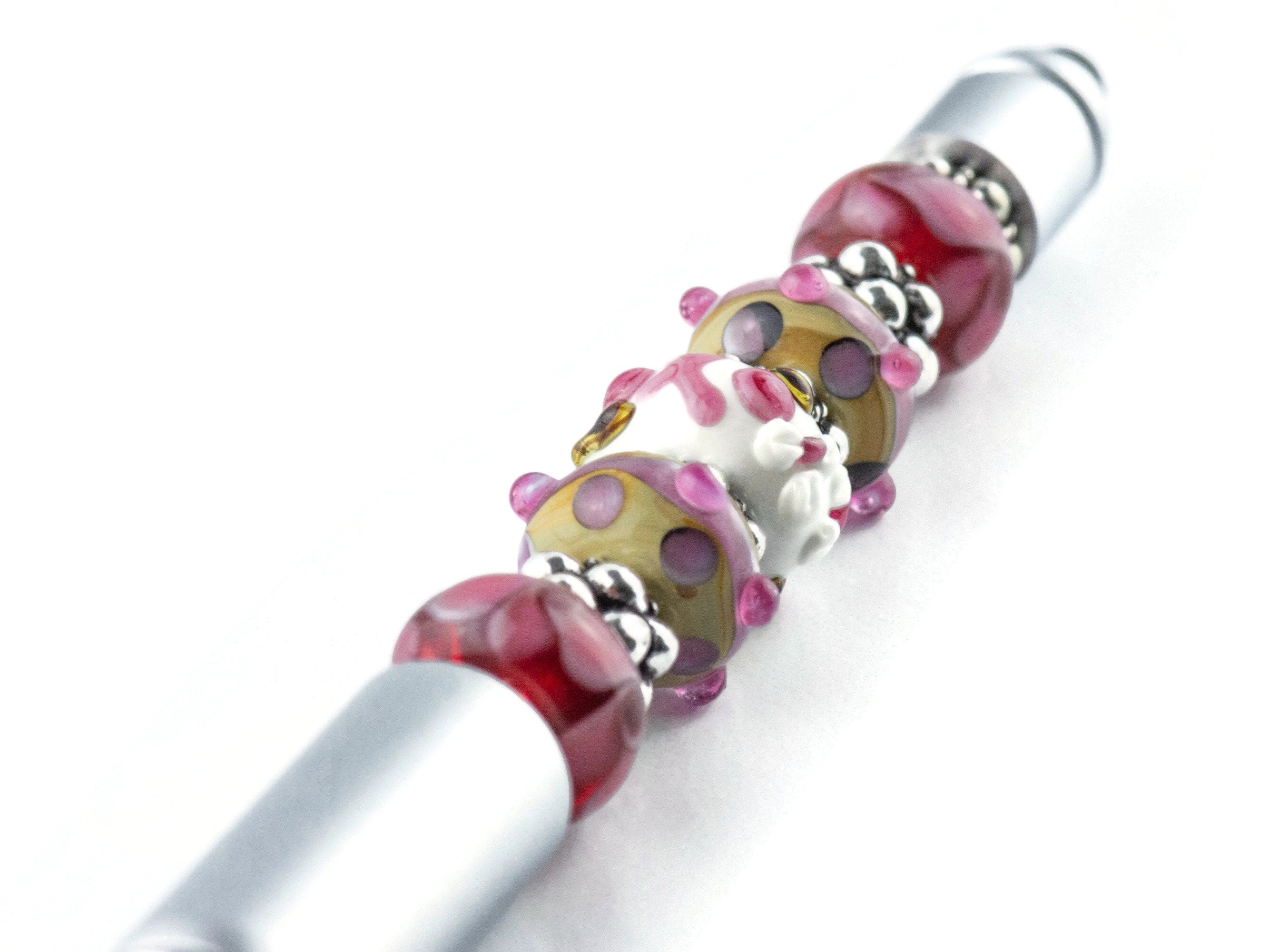 Pink Ribbon Breast Cancer Awareness Beaded Silver Stylus Pen • Lampwork Glass Beads • Metal Ballpoint