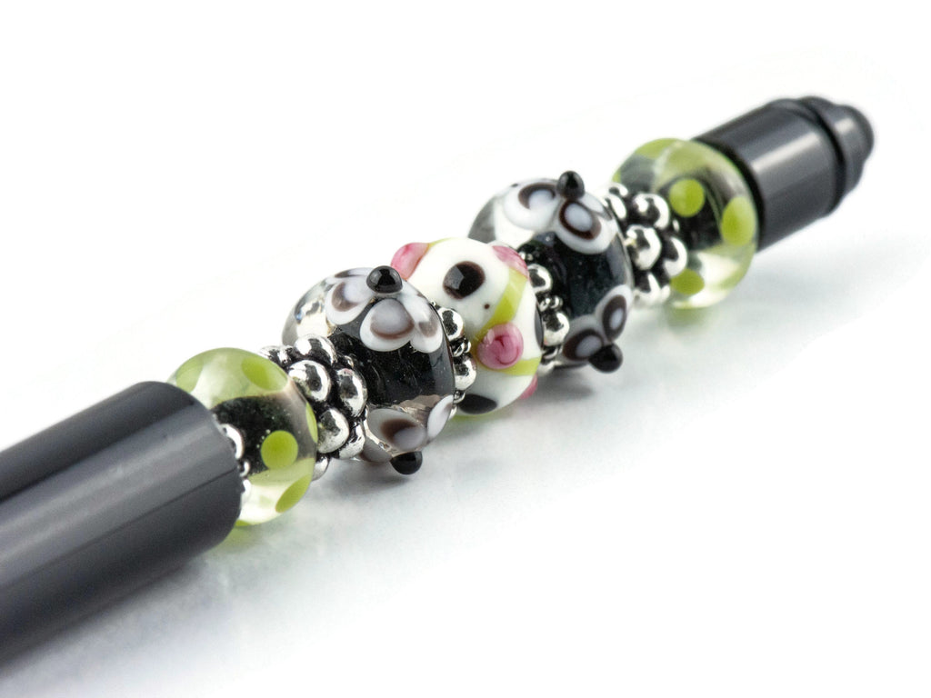 Floral Pop Beaded Black Stylus Pen • Lampwork Glass Beads • Metal Ballpoint