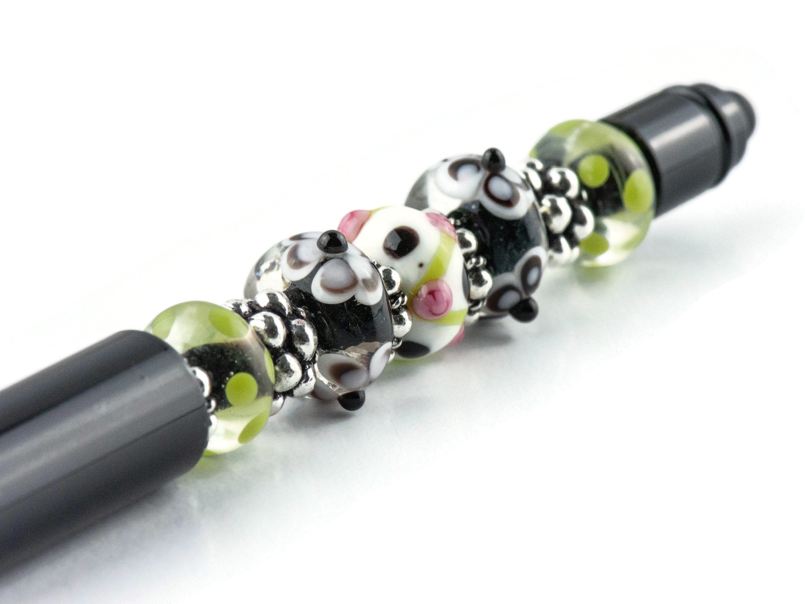 Floral Pop Beaded Black Stylus Pen • Lampwork Glass Beads • Metal Ballpoint
