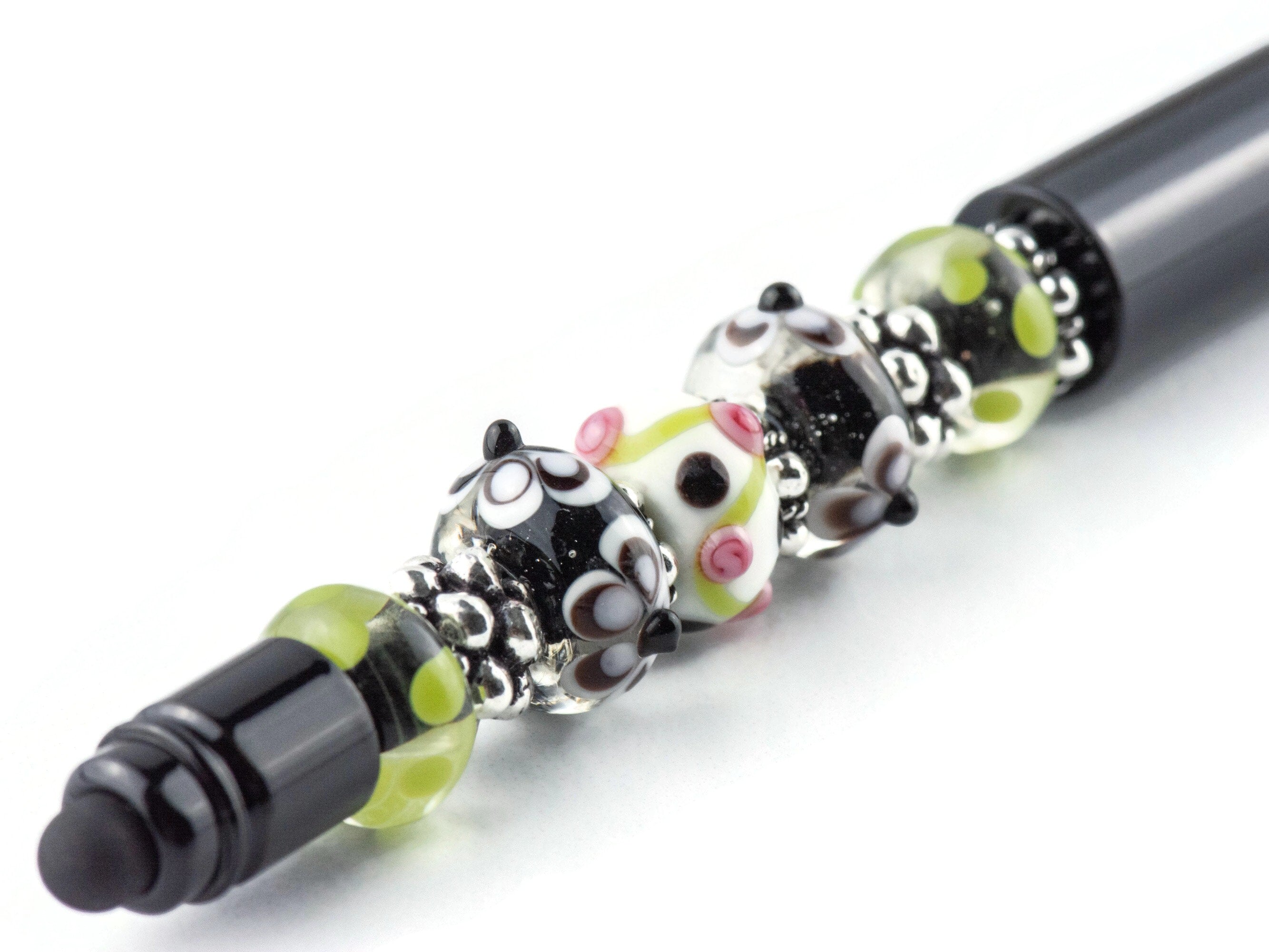 Floral Pop Beaded Black Stylus Pen • Lampwork Glass Beads • Metal Ballpoint