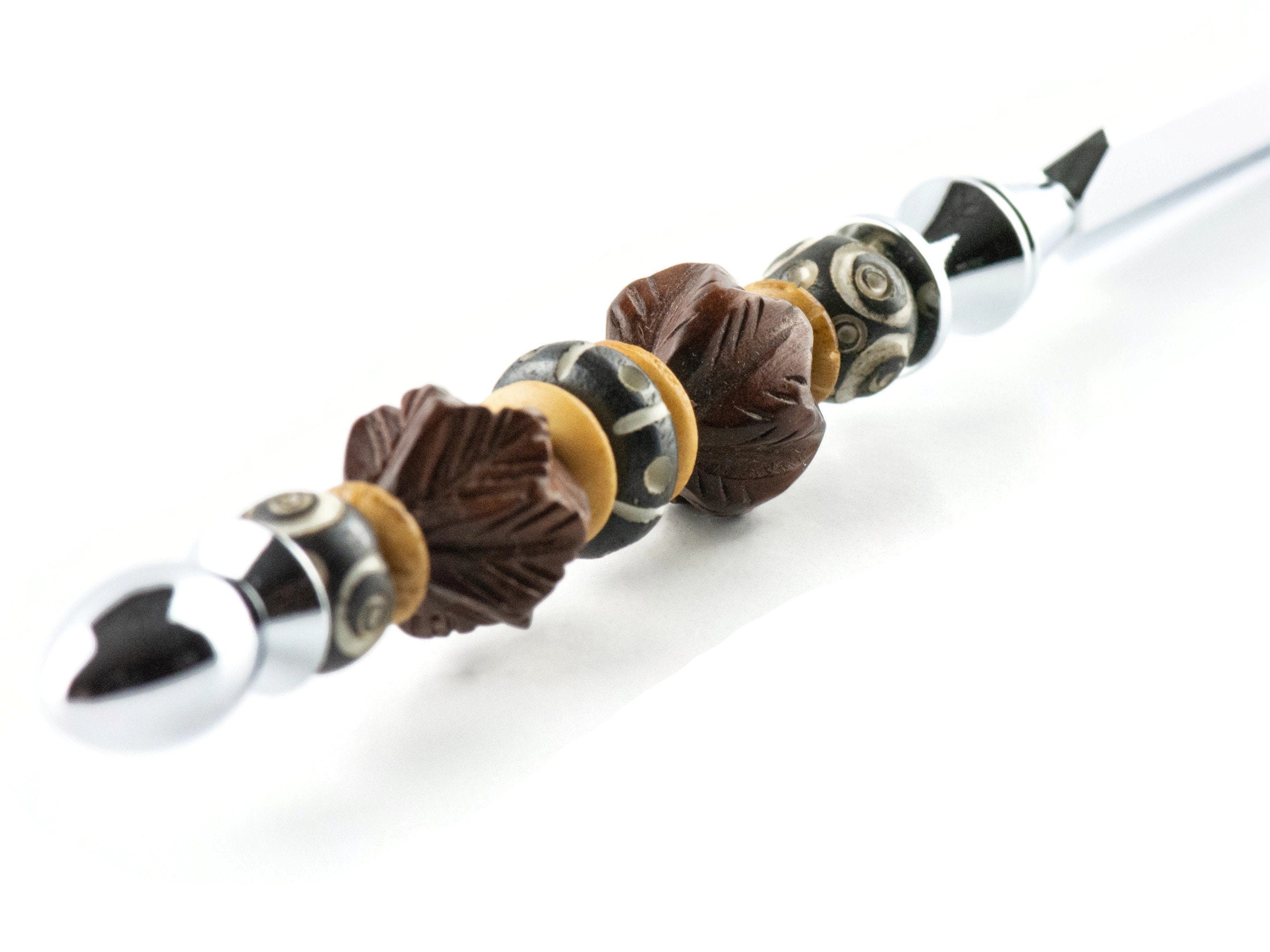 Wood & Bone Beaded Silver Letter Opener • Paper Knife • Desk Accessory