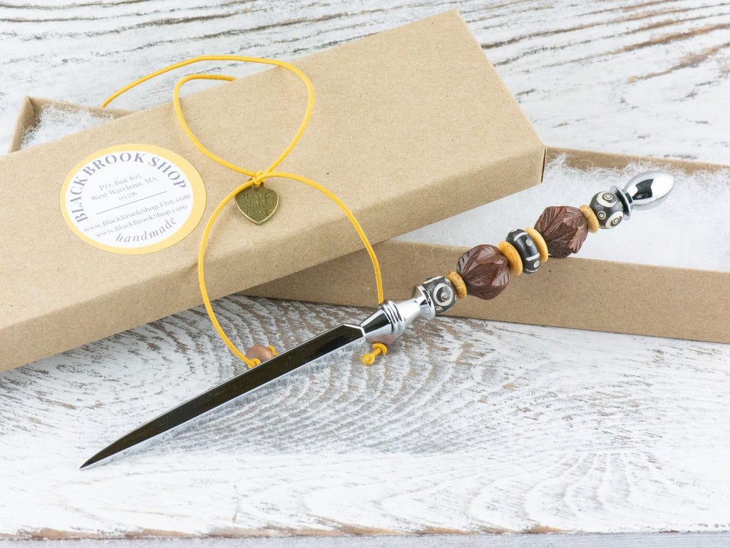 Wood & Bone Beaded Silver Letter Opener • Paper Knife • Desk Accessory