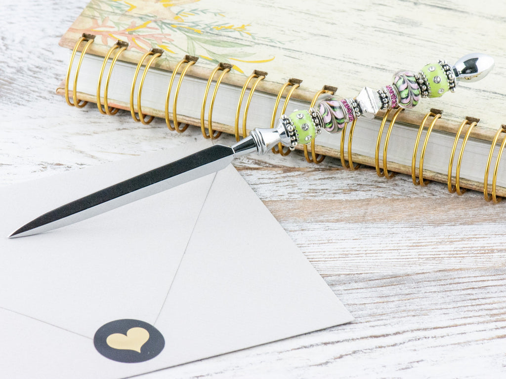 Lime and Pink Lemonade Glass Beaded Silver Letter Opener • Paper Knife • Desk Accessory