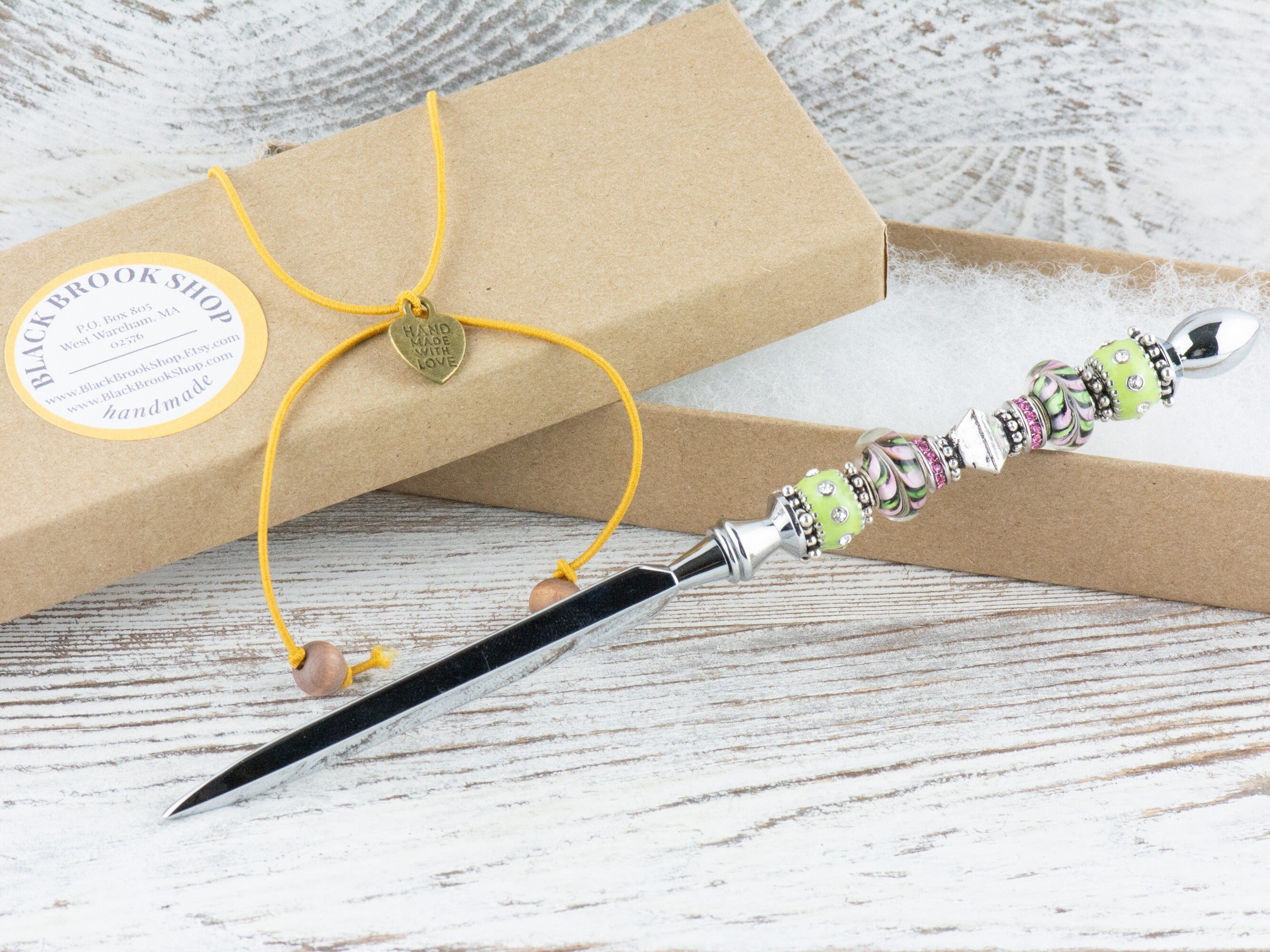 Lime and Pink Lemonade Glass Beaded Silver Letter Opener • Paper Knife • Desk Accessory