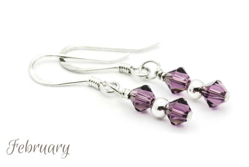February Amethyst Swarovski Crystal Birth Month Sterling Silver Drop Earrings
