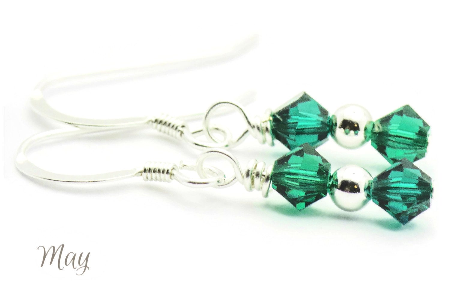 May Emerald Swarovski Crystal Birth Month Sterling Silver Drop Earrings