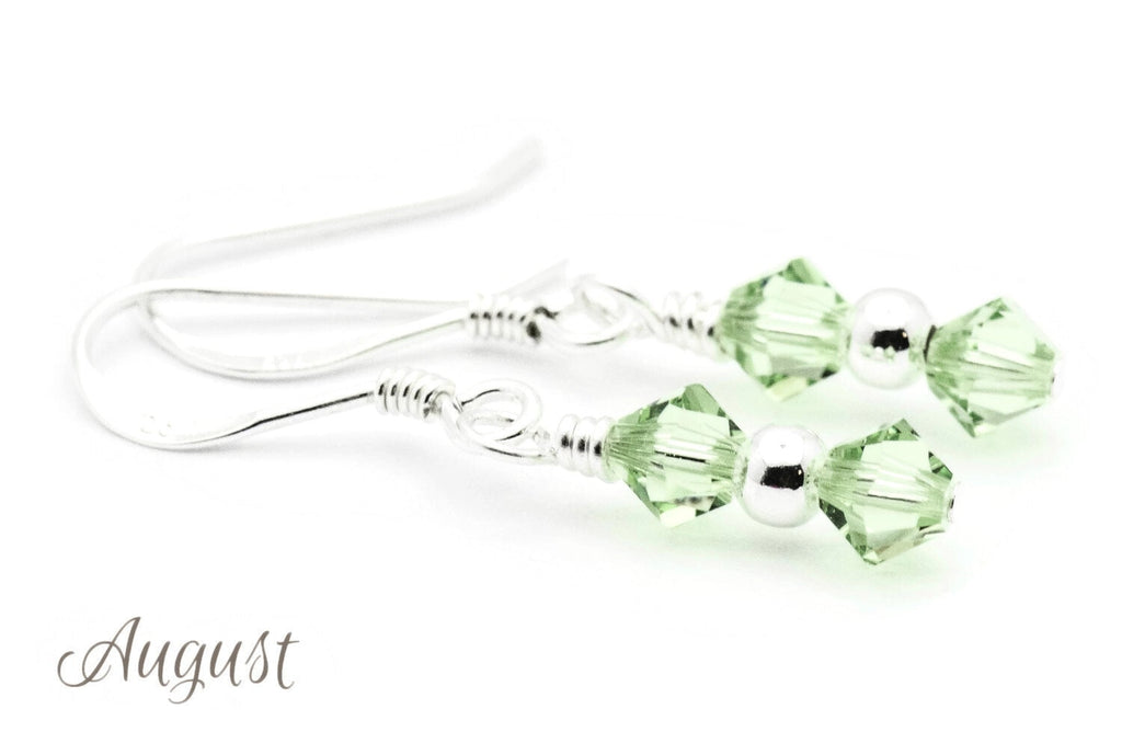 August Peridot Swarovski Crystal Birth Month Sterling Silver Drop Earrings