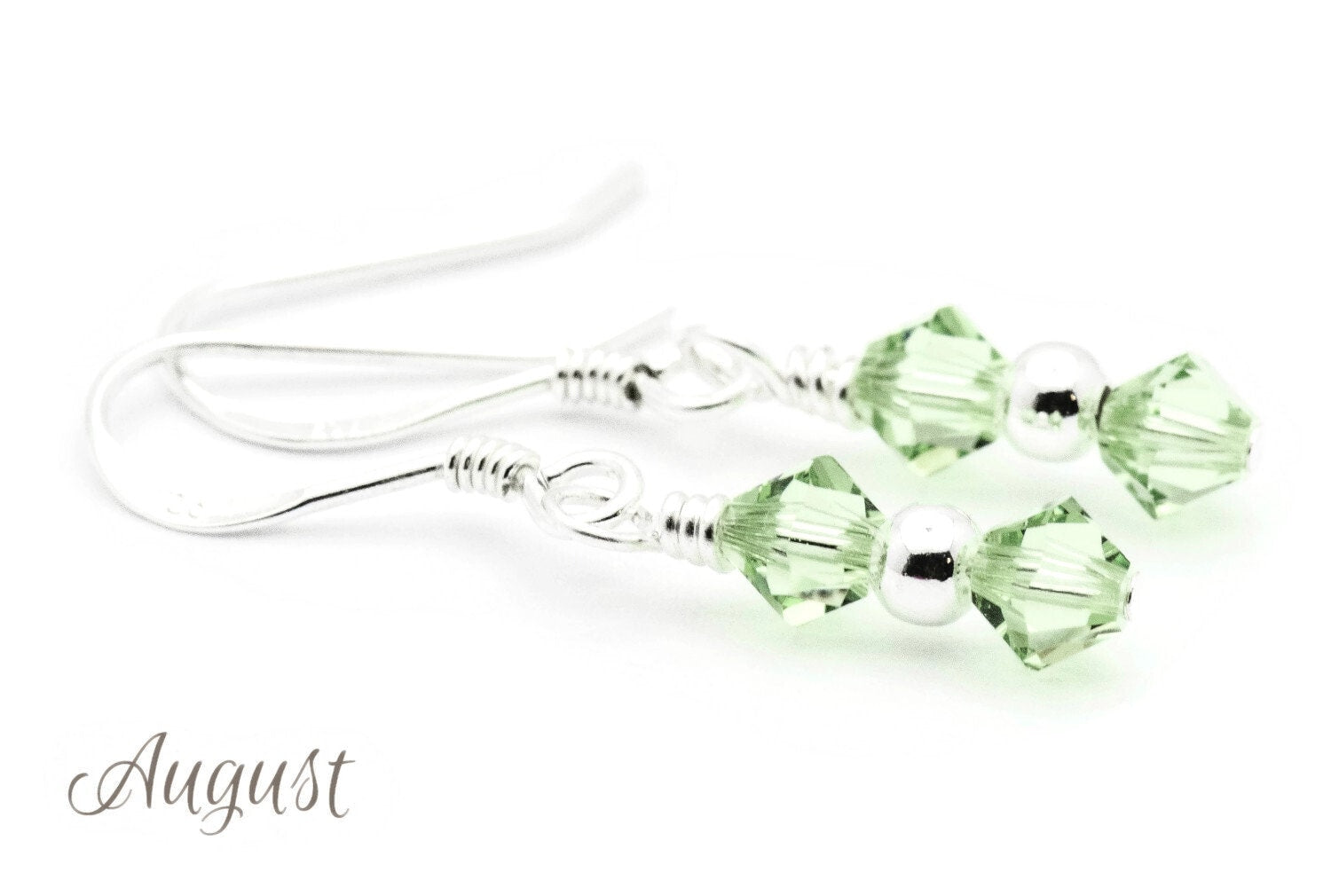 August Peridot Swarovski Crystal Birth Month Sterling Silver Drop Earrings