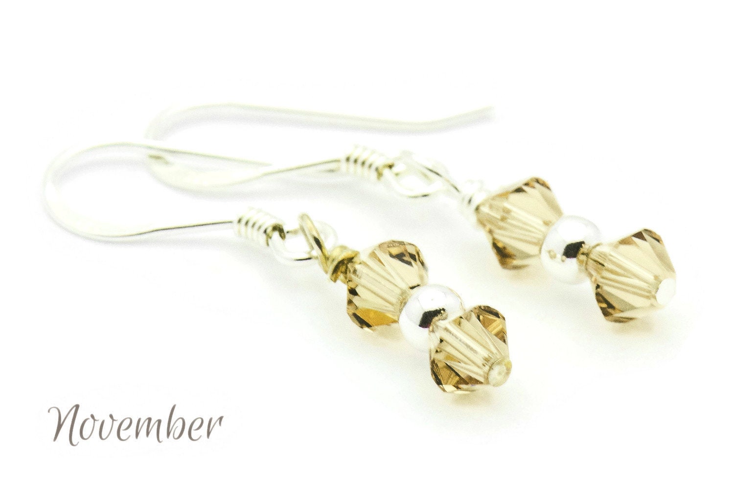 November Topaz Swarovski Crystal Birth Month Sterling Silver Drop Earrings