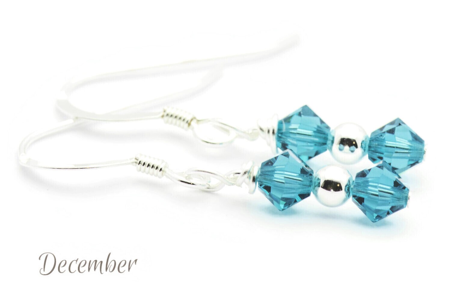 December Blue Zircon Swarovski Crystal Birth Month Sterling Silver Drop Earrings
